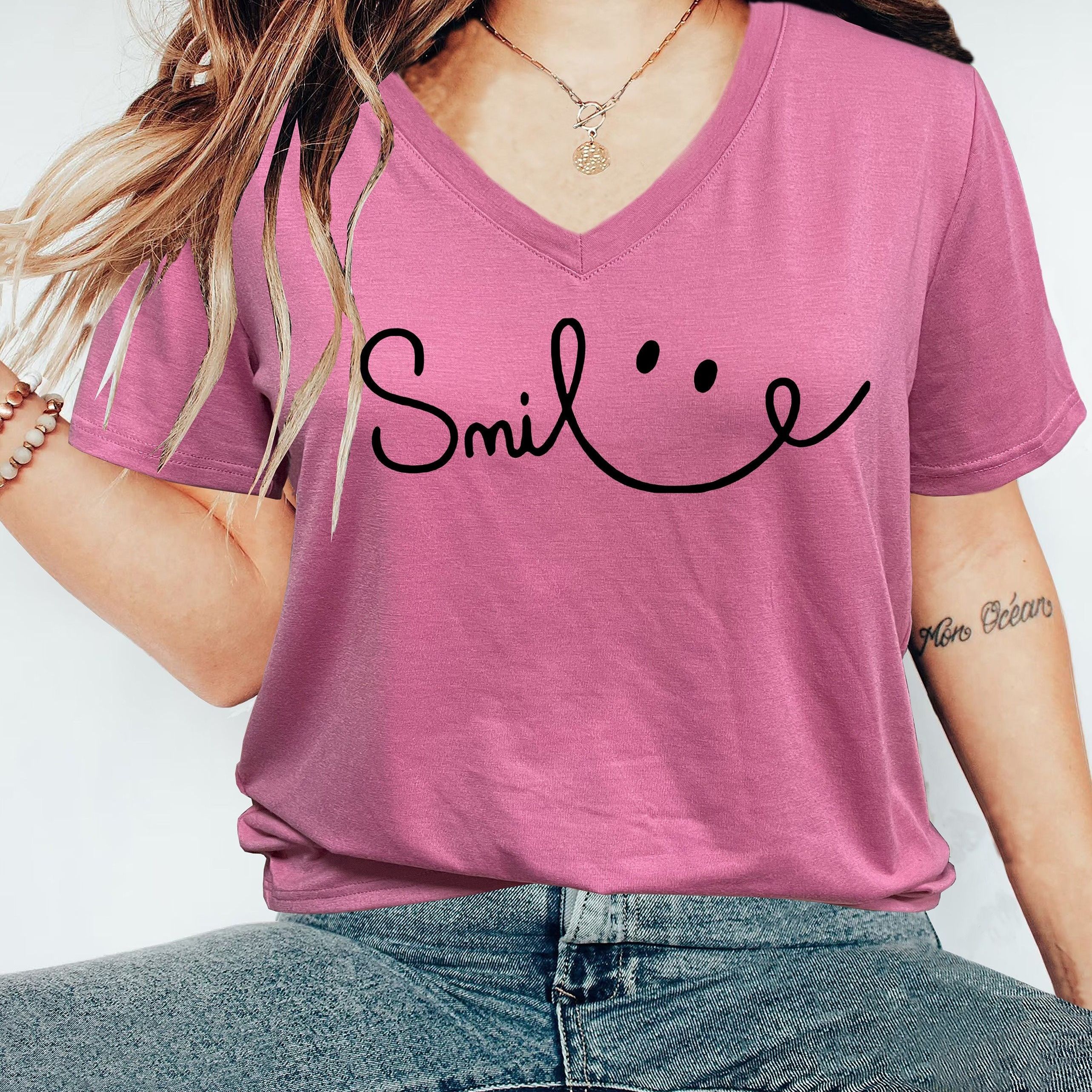 Lonya T-Shirt Femme Manches Courtes Imprimé Smile Face - Blouse Chic Été Coton Confortable