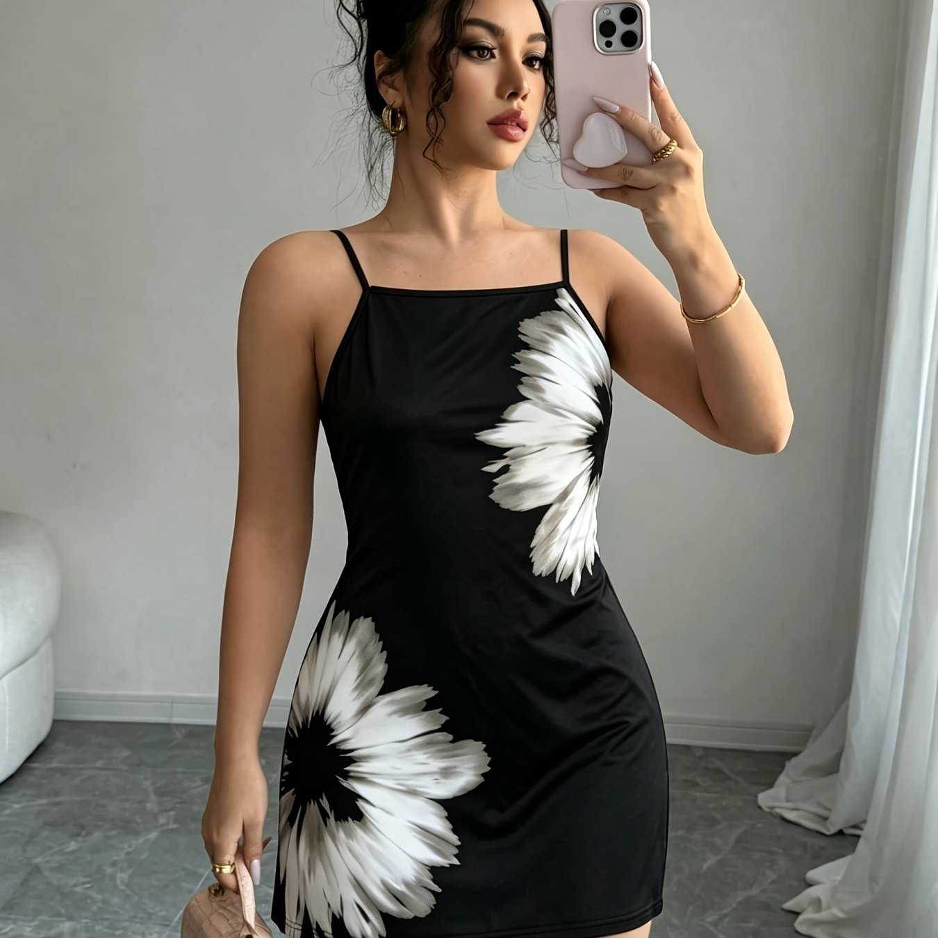 TEMU Women's Summer Double-sided Placement Print Spaghetti Strap Mini Dress, Black And -fit Thin Strap Short Skirt, Square Neck Sexy Bodycon Dress,