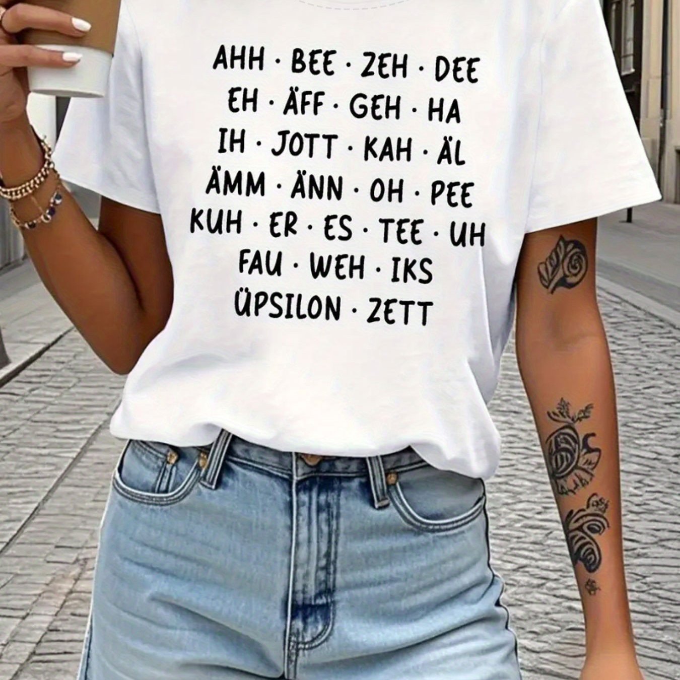 TEMU Minimalistisches T-Shirt für Damen mit Buchstaben-Druck des deutschen Alphabets und Aussprachetabelle, kurzärmeliges, lässiges Oberteil mit
