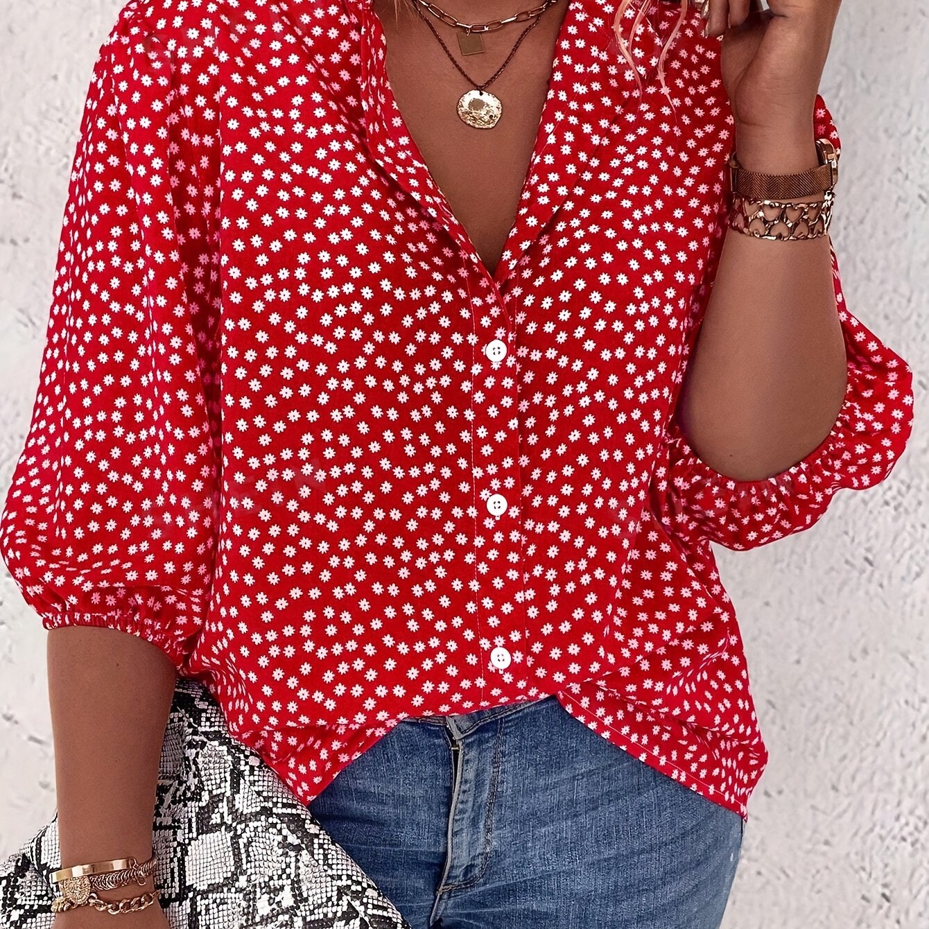 Plus Size Floral Print Button Front Shirt, Casual Lantern Sleeve Shirt For Spring, Women's Plus Size Clothing