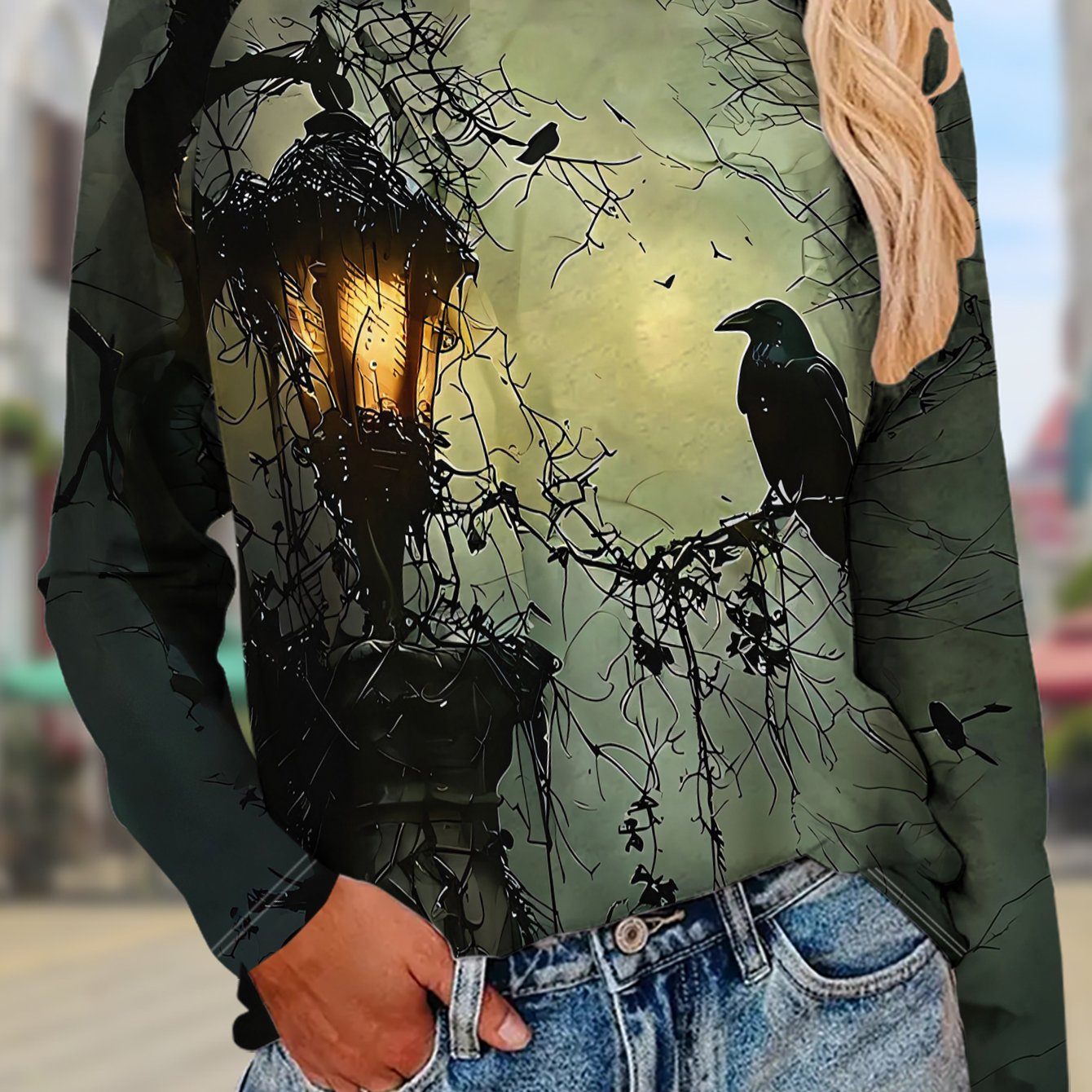 TEMU Women's Gothic Style Crow Print Long Sleeve T-shirt, Versatile , New Autumn Dark-themed Base Layer, Machine Washable, Suitable For Casual Daily