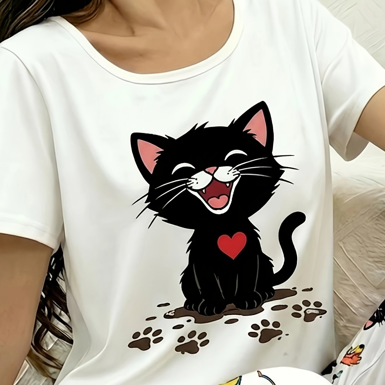 Plus Size, Valentine's Day : Women's Plus Size Apparel, Size Black , Casual Short Sleeve Crew Neck Top, Medium Stretch Fabric, For , T-shirt With Unique 2d Flat Print, 2d Flat