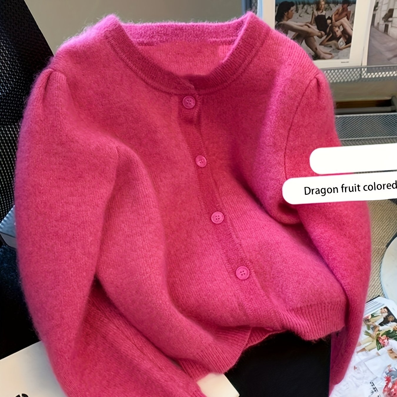 2025 Fall Winter Dragon Fall Warm Cardigan, Magenta Vibrant Short Fall Sweater, -weather Round Neck Cardigan