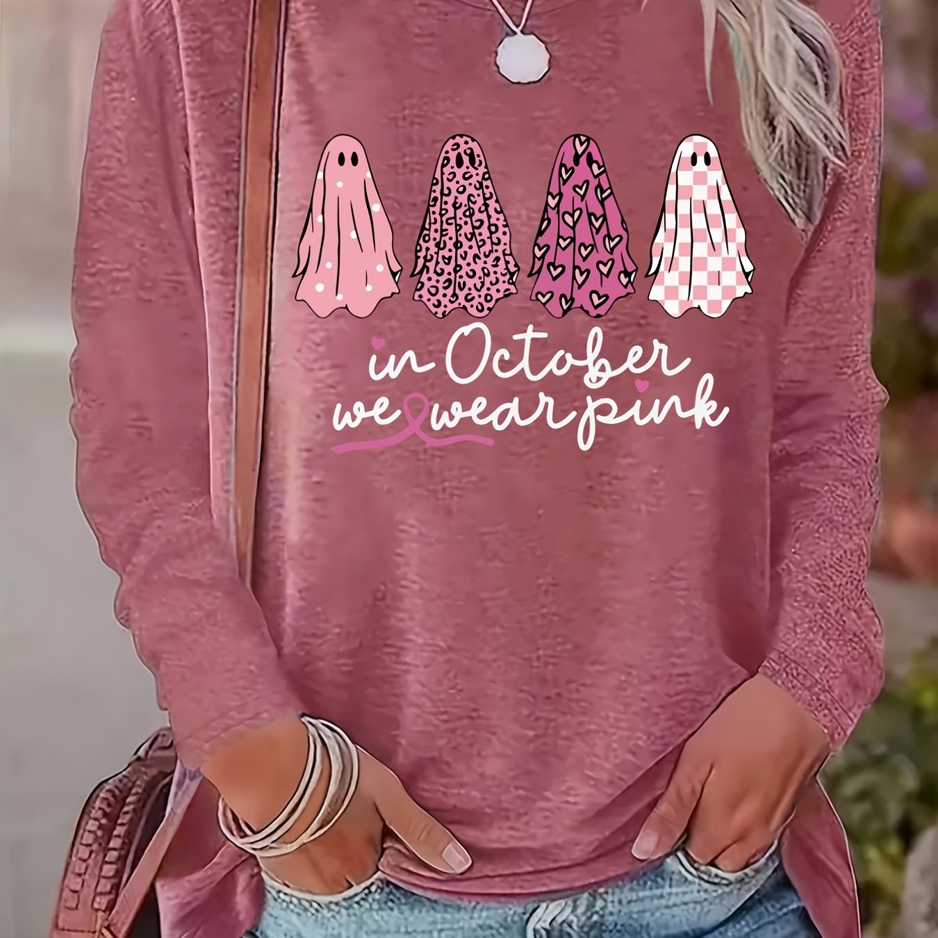 TEMU Pink Ghosts Breast Awareness Halloween Horror Elements Creative Print Women's Casual T-shirt, Round Neck Long Sleeve T-shirt, Machine Washable,