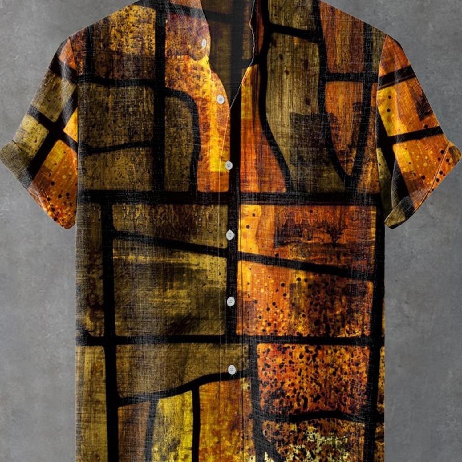 Image of Men's Formal Short-sleeved Button-up Shirt, Artistic Abstract Grid Pattern, Warm (orange, Yellow, Brown) With , Multiple Sizes , Stylish For Daily & Business, , High-quality Fabric