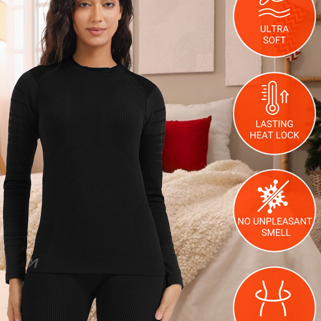 Image of Two-piece Thermal Underwear Set For Women, Featuring Seamless Long Sleeves And Leggings, Designed With High Elasticity For Winter Activities. Ideal For Skiing, Hiking, And Cycling