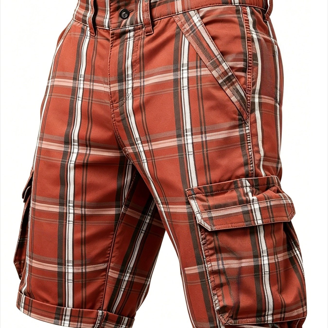 Image of Men's Retro British Style Red And Brown Print Plus Size Cargo Shorts Soft And Skin-friendly Breathable Comfortable Multi-pocket Five-point Mid-length Pants Boyfriend, Or Husband, Plus Size
