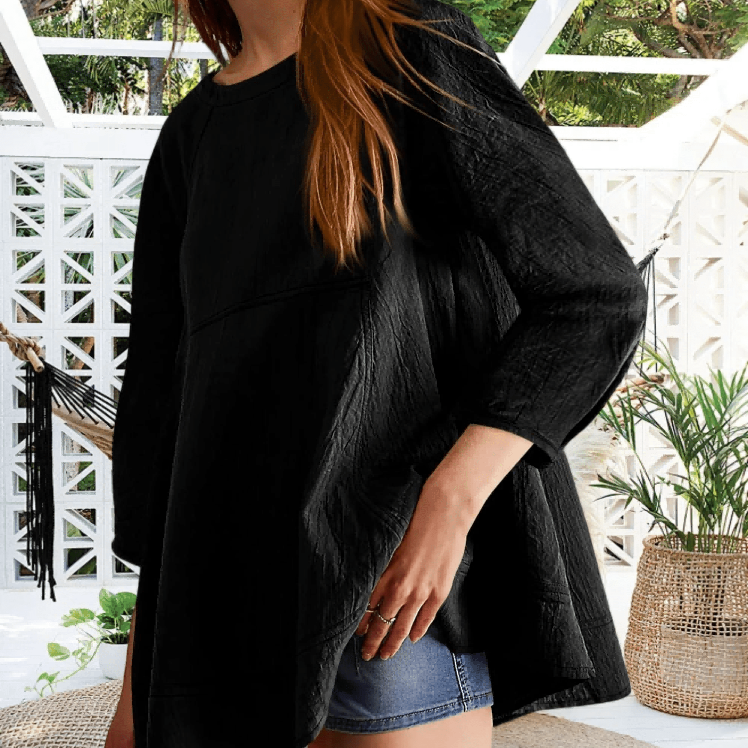Image of Oversized Babydoll Blouse Women Summer 3 4 Sleeve Flowy Peplum Casual Loose Fit Tunic Tops
