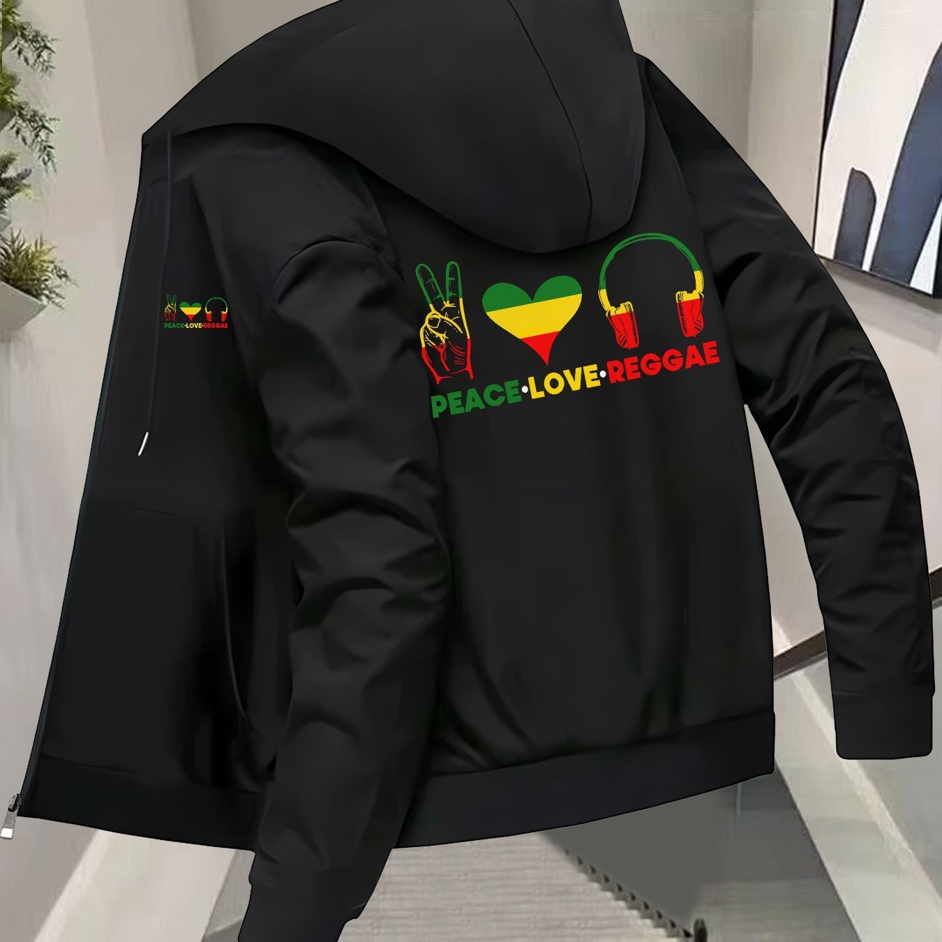 TEMU Men's Trendy Autumn And Winter Hooded Jacket, Baseball Jacket Featuring Peace, Love, And Reggae Patterns, Versatile Stand-collar Top, Hooded