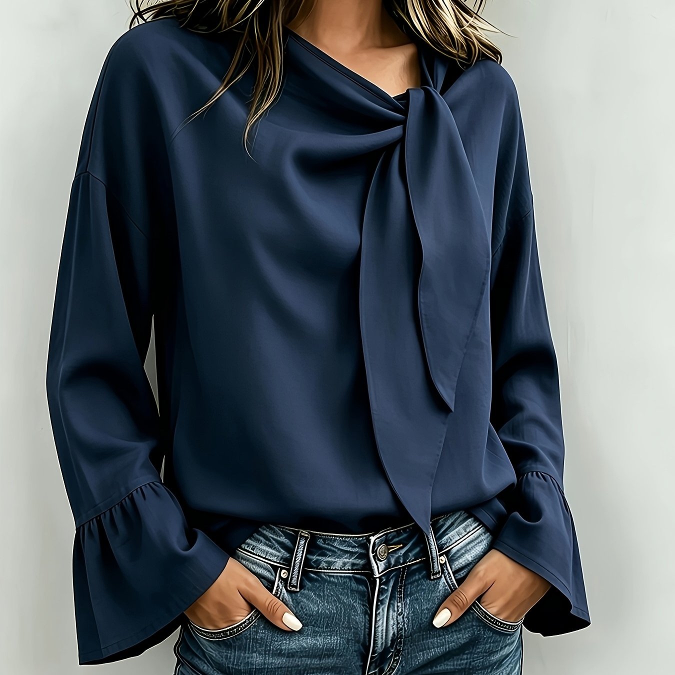 TEMU Chemise à manches longues, à en biais, à avec un ruban, coupe décontractée et discrète