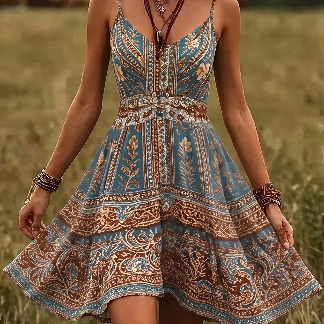 Image of Plus Size Women's Summer Boho Paisley Print V-neck Spaghetti Strap Mini Dress Retro A-line Sundress Casual Western Cowboy Style Lightweight Summer Dress