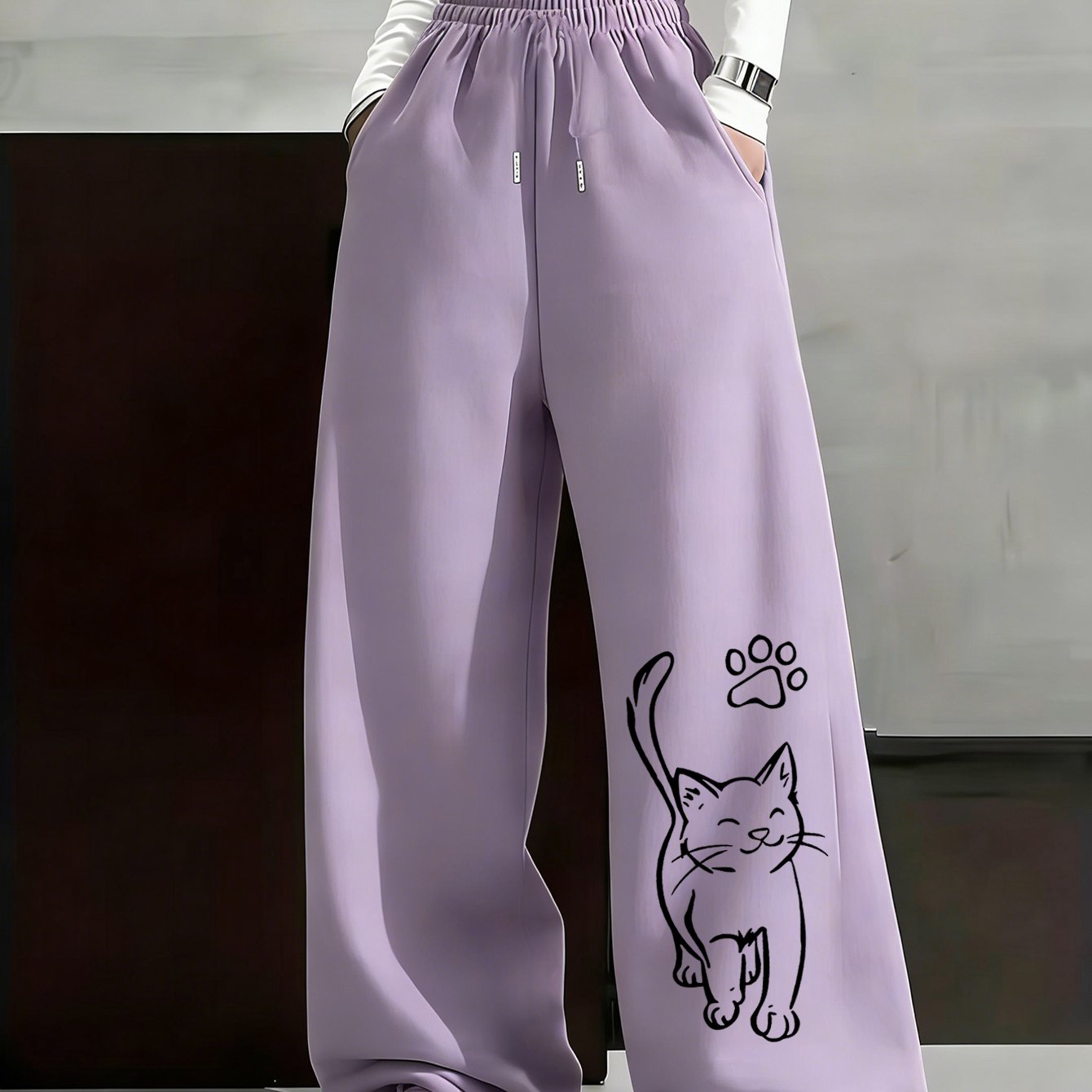 TEMU Drawstring Elastic Wide-leg Straight Pants For Women With Slogan Printing, Casual, Loose, Retro Straight Long Pants; Teacher Outfits, Graduation