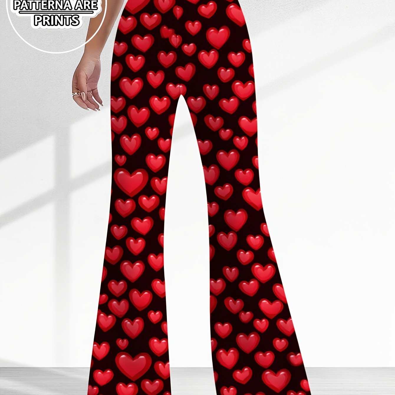 TEMU Valentine's Day Heart Print Women's High Waist Flare Pants, Soft Comfortable Fabric, Stretchy Slim Fit Casual Trousers, Outfit For Date, Party