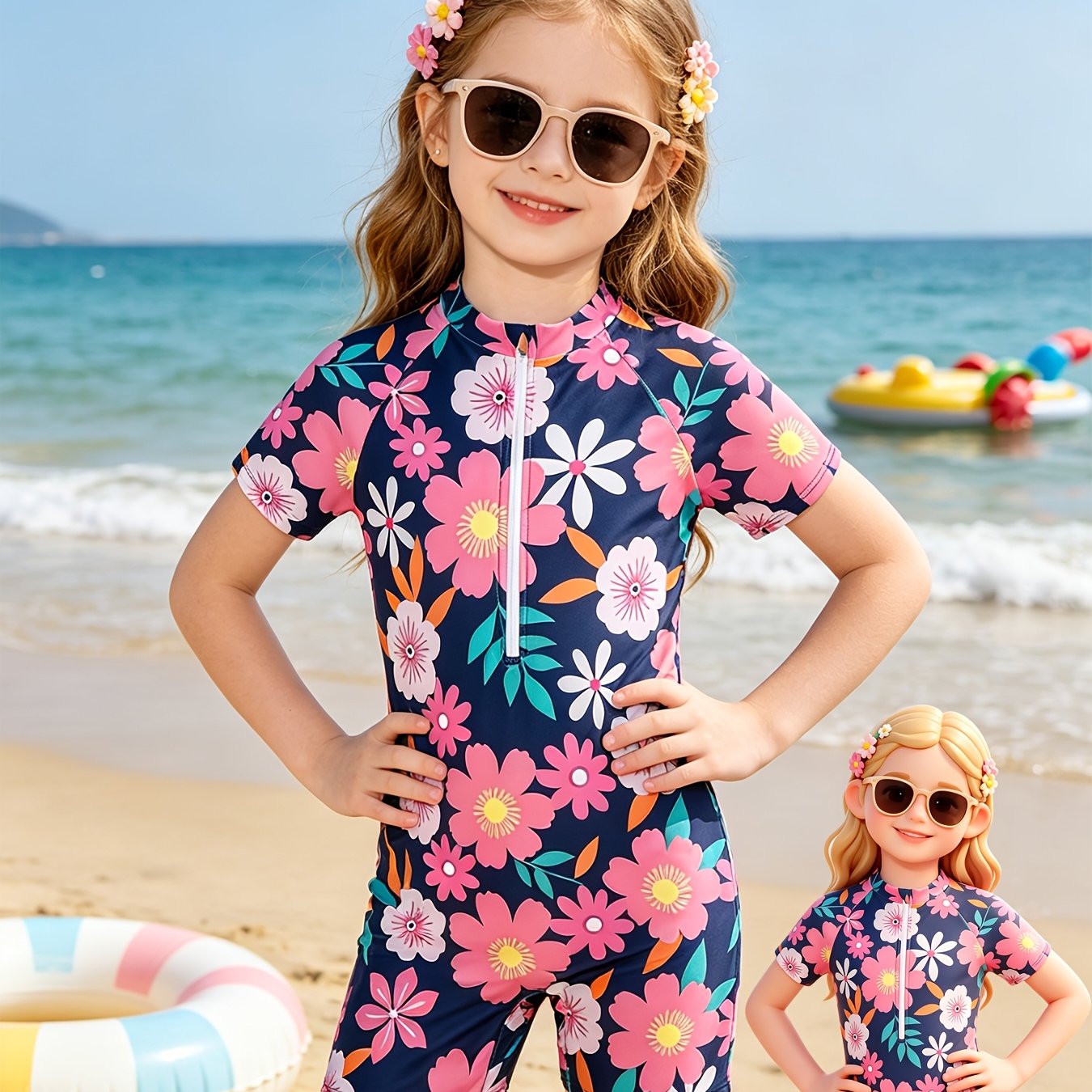TEMU Girls' Floral Print Spring/summer Short Sleeve 1pc Swimsuit