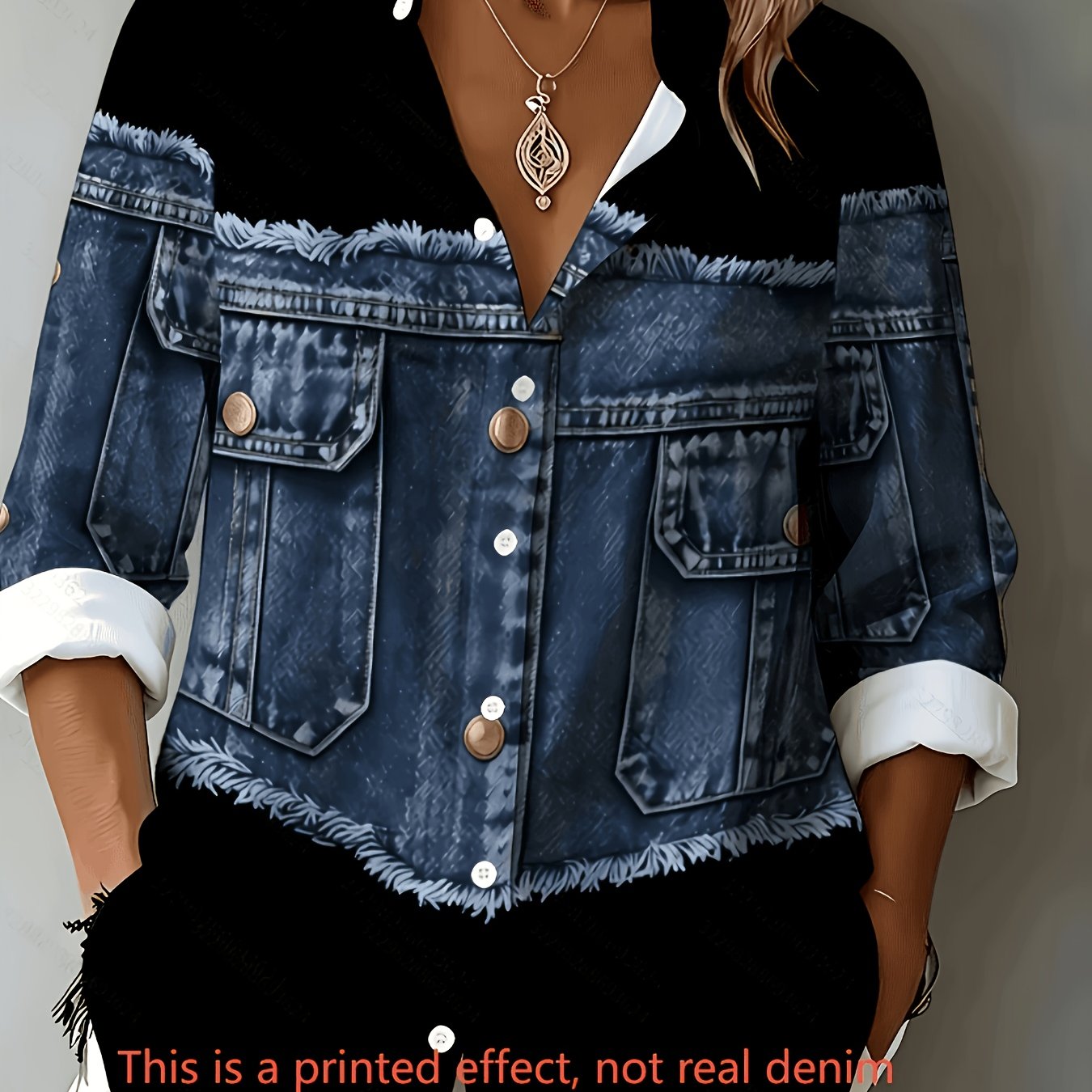 TEMU [printed Pants - Not Denim Fabric]new Women's Long Sleeve Shirt, Denim Frayed Edge Printed Fake Two-piece Casual Cardigan Blouse