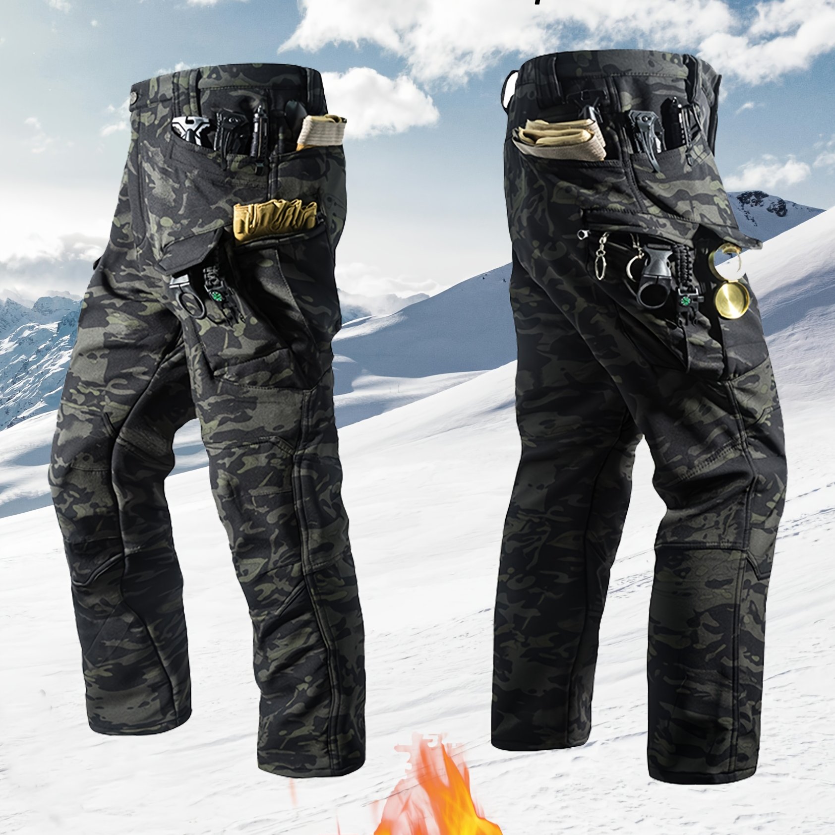 Image of Men's Outdoor Fleece-lined Pants, Cold-proof And Warm Pants, Multi-, Wear-resistant And Tear-resistant Pants, Suitable For Autumn And Winter , Camping, Leisure, Sports, Climbing, Hiking