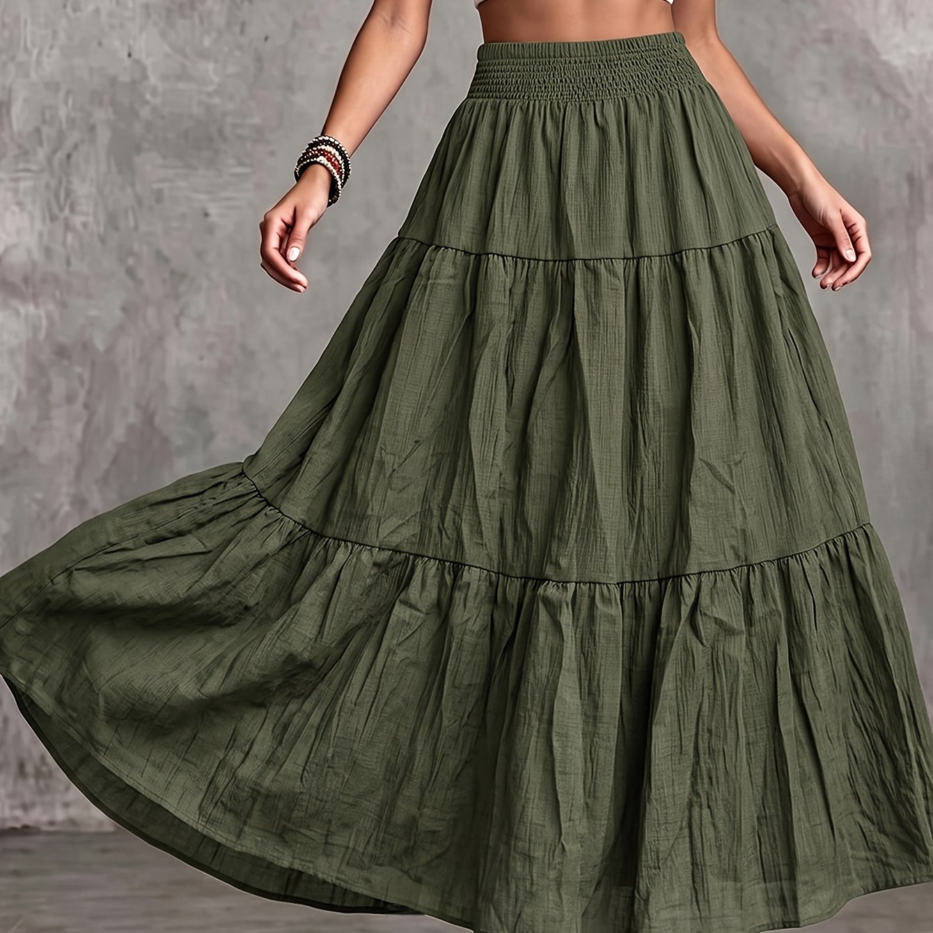 TEMU Women's Autumn Casual And Elegant Elastic Waistband Drawstring Skirt, Soft And Comfortable With A Pleated Texture, Made Of -linen Fabric
