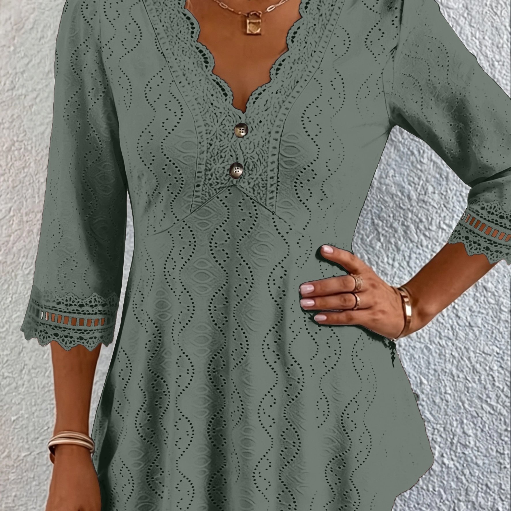 TEMU Plus Size - Autumn New Hot Item Extended Women's Plus Size Fashion Solid Color Wavy Stripe Hollow Lace Button-decorated Three-quarter Sleeve Top