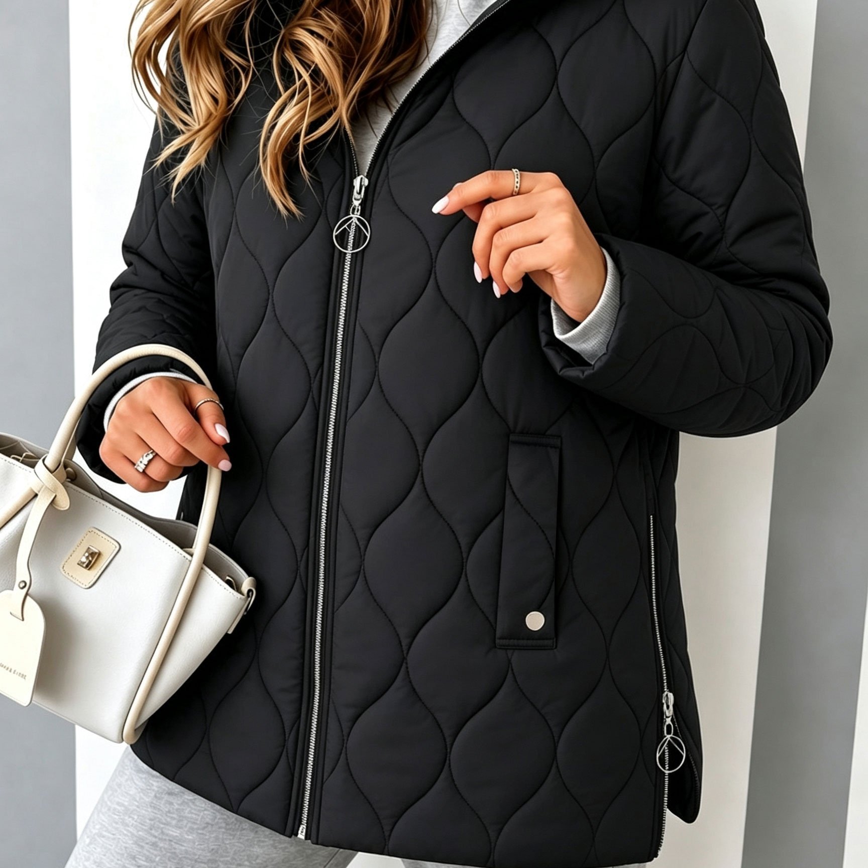 TEMU Plus Size Women's Autumn/winter Lightweight Hooded Padded Coat With Gourd-shaped Yoke Seam, Full Zipper, Side Slits, Snap Button Pockets, Loose
