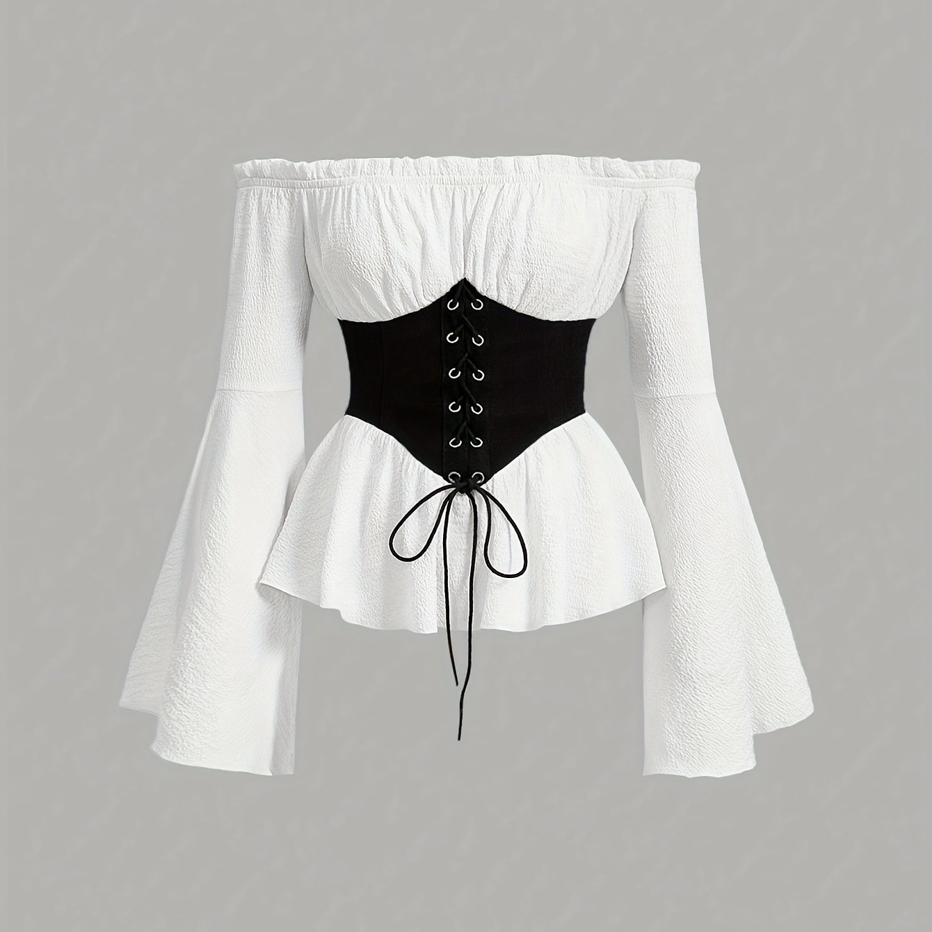 TEMU Color Block Splicing Drawstring Waist Flared Long-sleeve Top, Fashionable Elegant Shirt For Women
