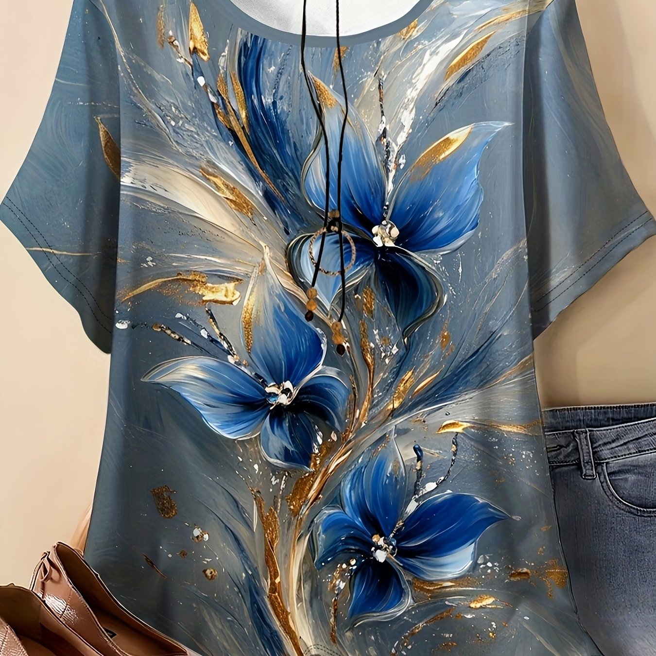 TEMU Plus Size, Plus-size Women's Clothingwomen's Floral Print Round Neck Short Sleeve T-shirt- Stretchy Casual Top, , Machine Washable Regular Fit,