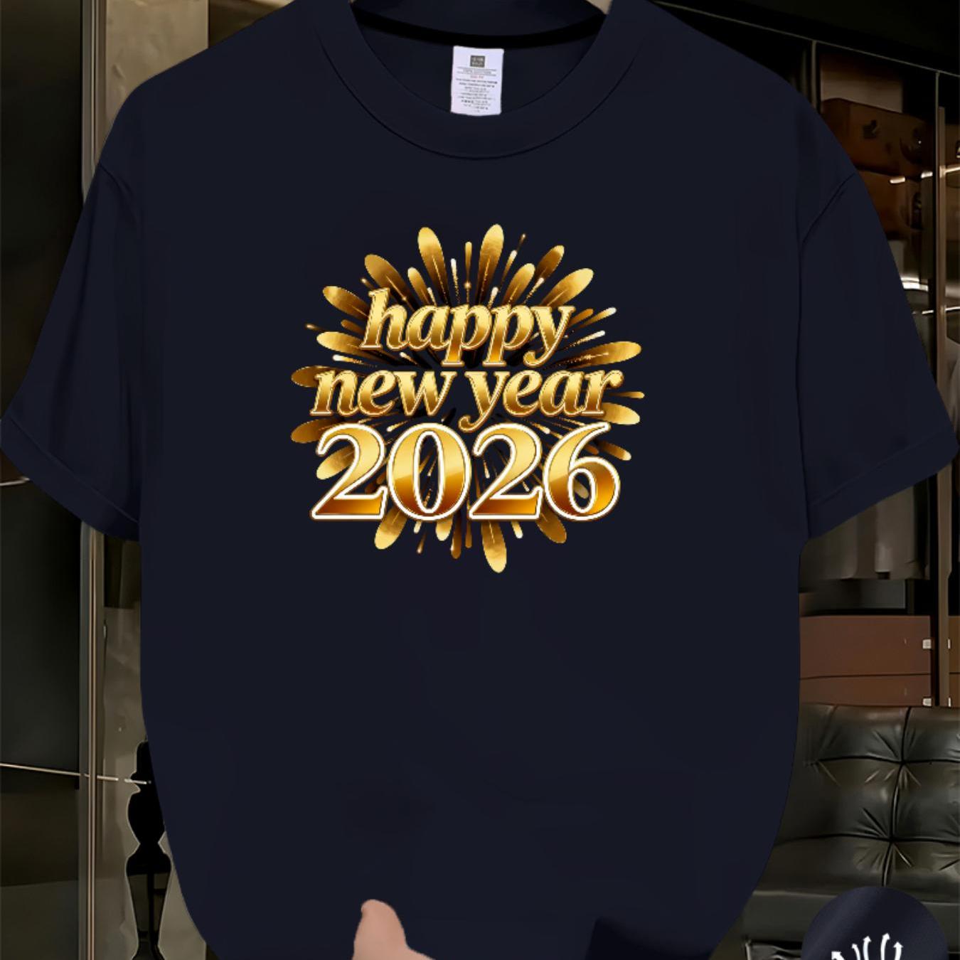 TEMU Happy New Year Sports T-shirt, New Year Element Print, Sports T-shirt, Men's Casual, Unisex