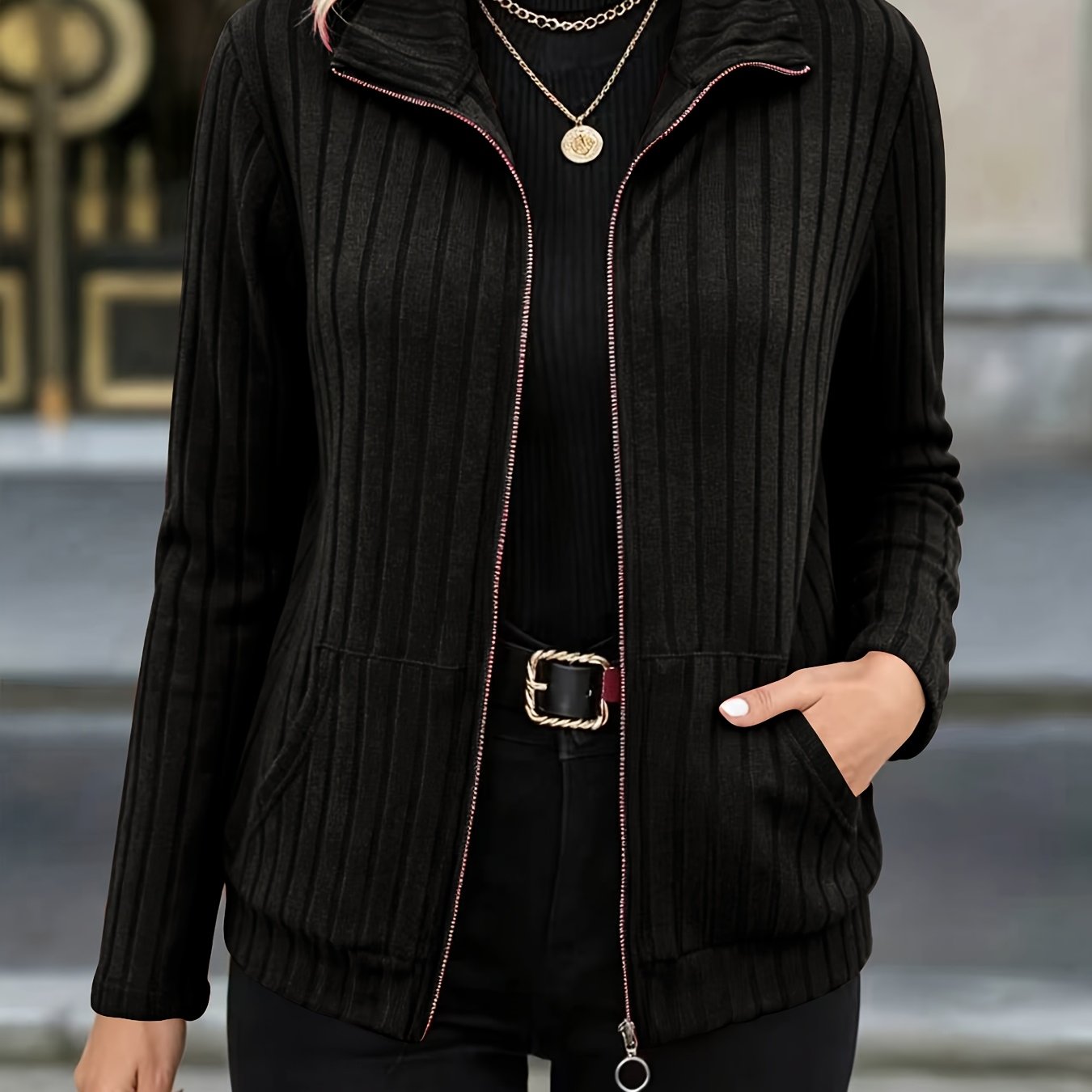 TEMU Fashionable Elegant Autumn Winter New Product Beautiful Jacket Solid Color Ribbed Lightweight Jacket Zipper Lapel Pocket Long Sleeve Front