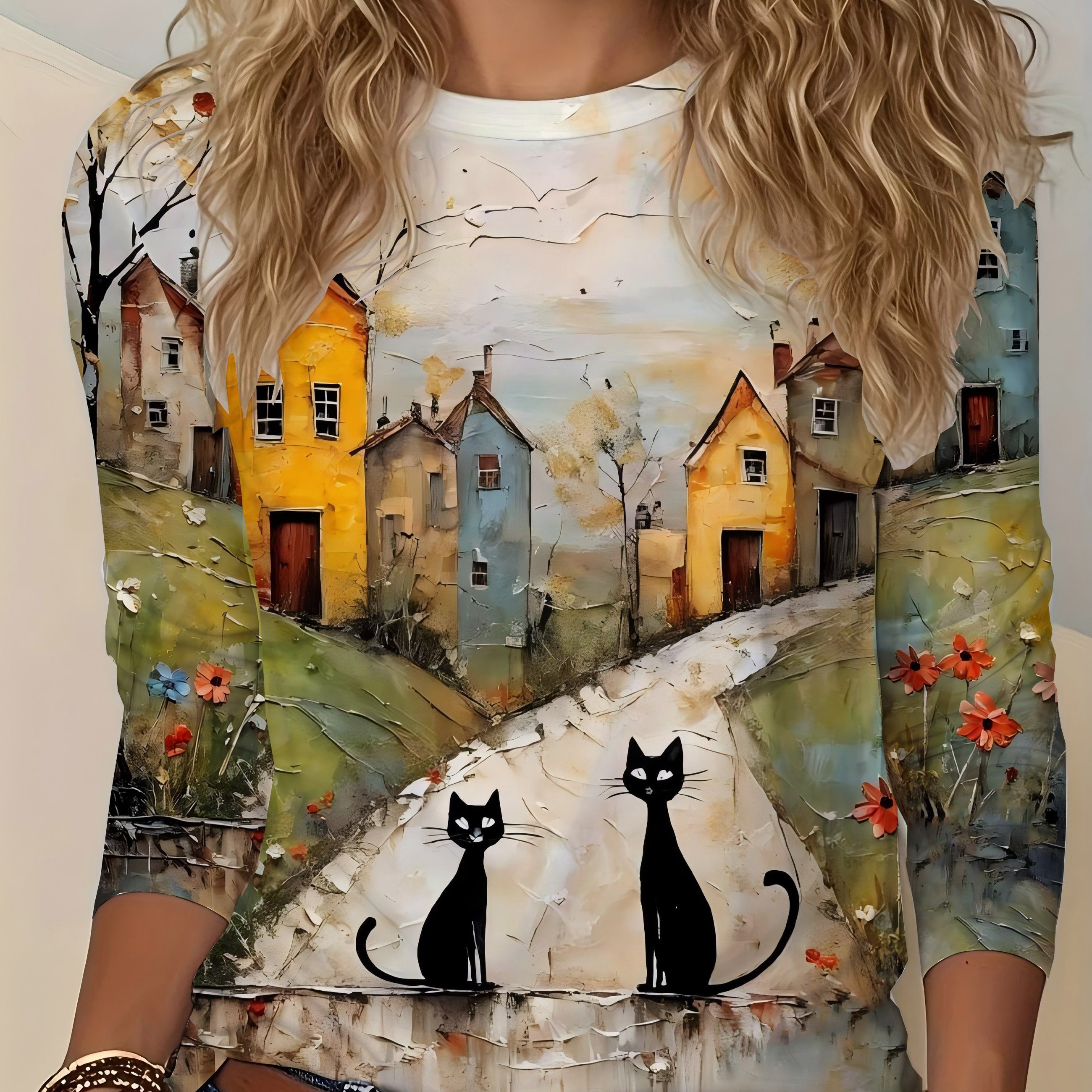 TEMU Haut pour femme pour et l'hiver, T-shirt élégant à manches longues et col rond avec imprimé motif chat , Haut de sport décontracté pour femme