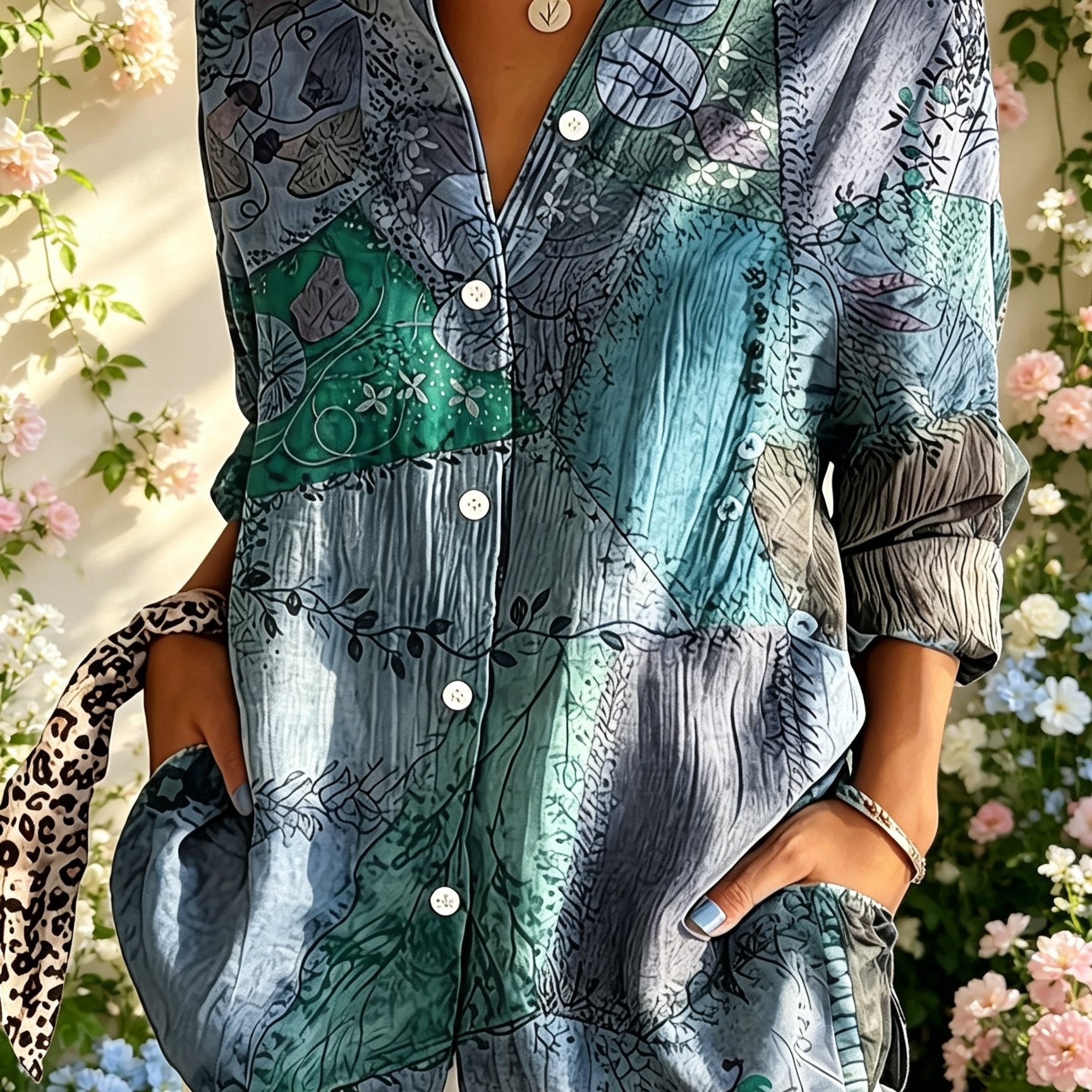 Women's Casual Long Sleeve Button-up Shirt - Retro Floral Print With Paisley & Geometric Patterns, Classic Collar, Machine Washable, Versatile Top For Casual & Formal Wear, Nontransparent Fabric