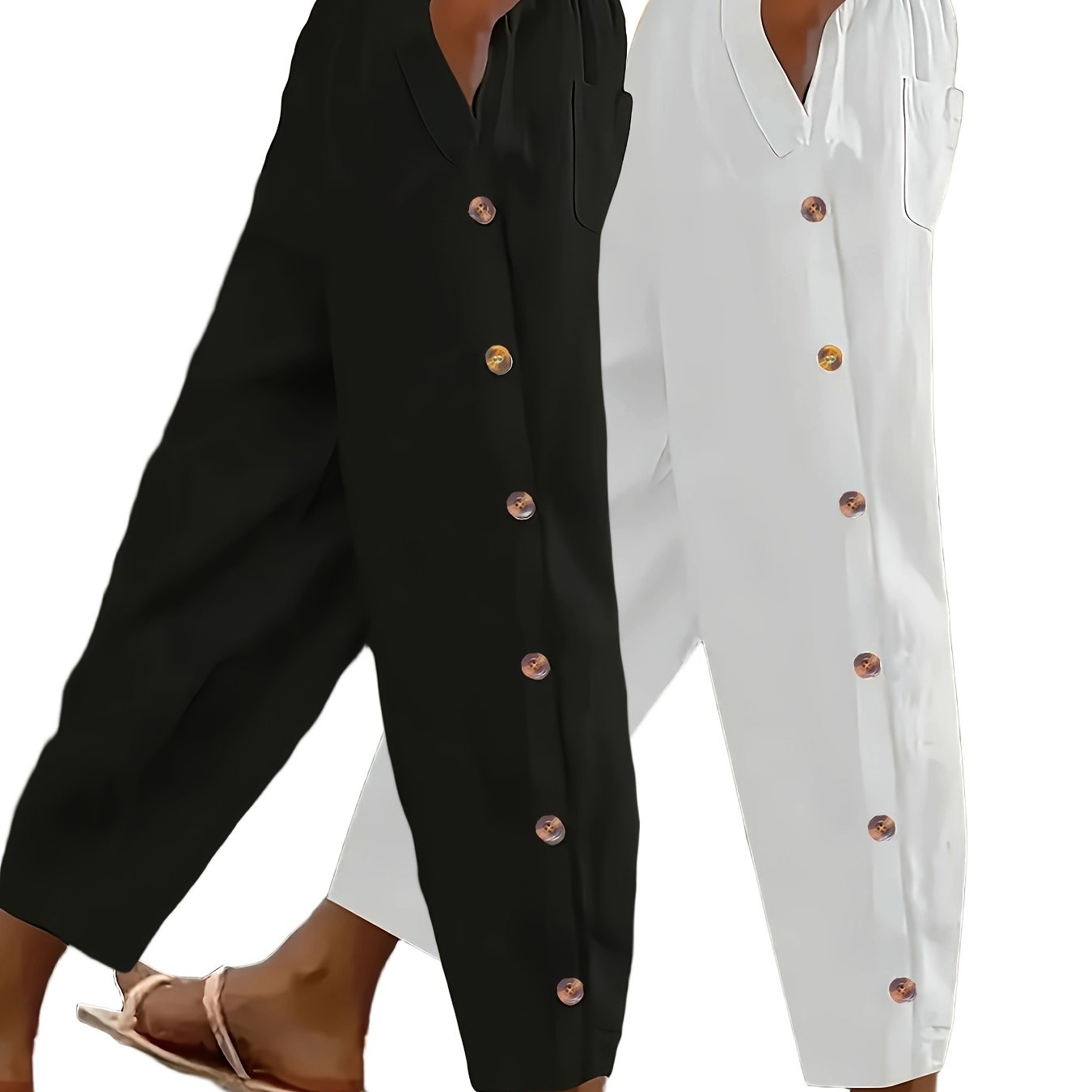TEMU 2pcs [chic Everyday Trousers] Stylish Brown Women's Casual Button-up Trousers - Straight Leg Design With Pockets, Stretchy Waistband, , Adorable
