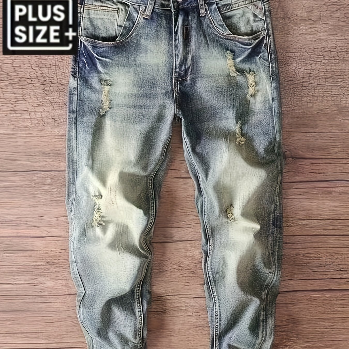 TEMU [hme]men's -size Jeans High-waist Stretch Slim Fit, 5- With Vintage Washed Ripped Details. Denim, Machine Washable, Wear. Versatile Daily