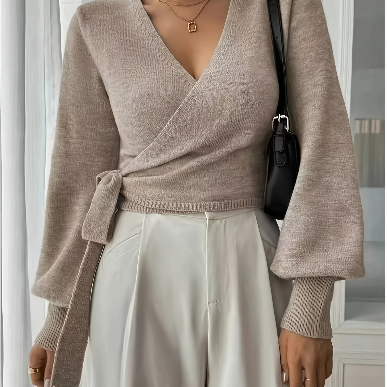 TEMU Wrap-style Cut V-neck Waist Tie Long Sleeve Casual Elegant Women's Sweater, Long Sleeve Pullover Top