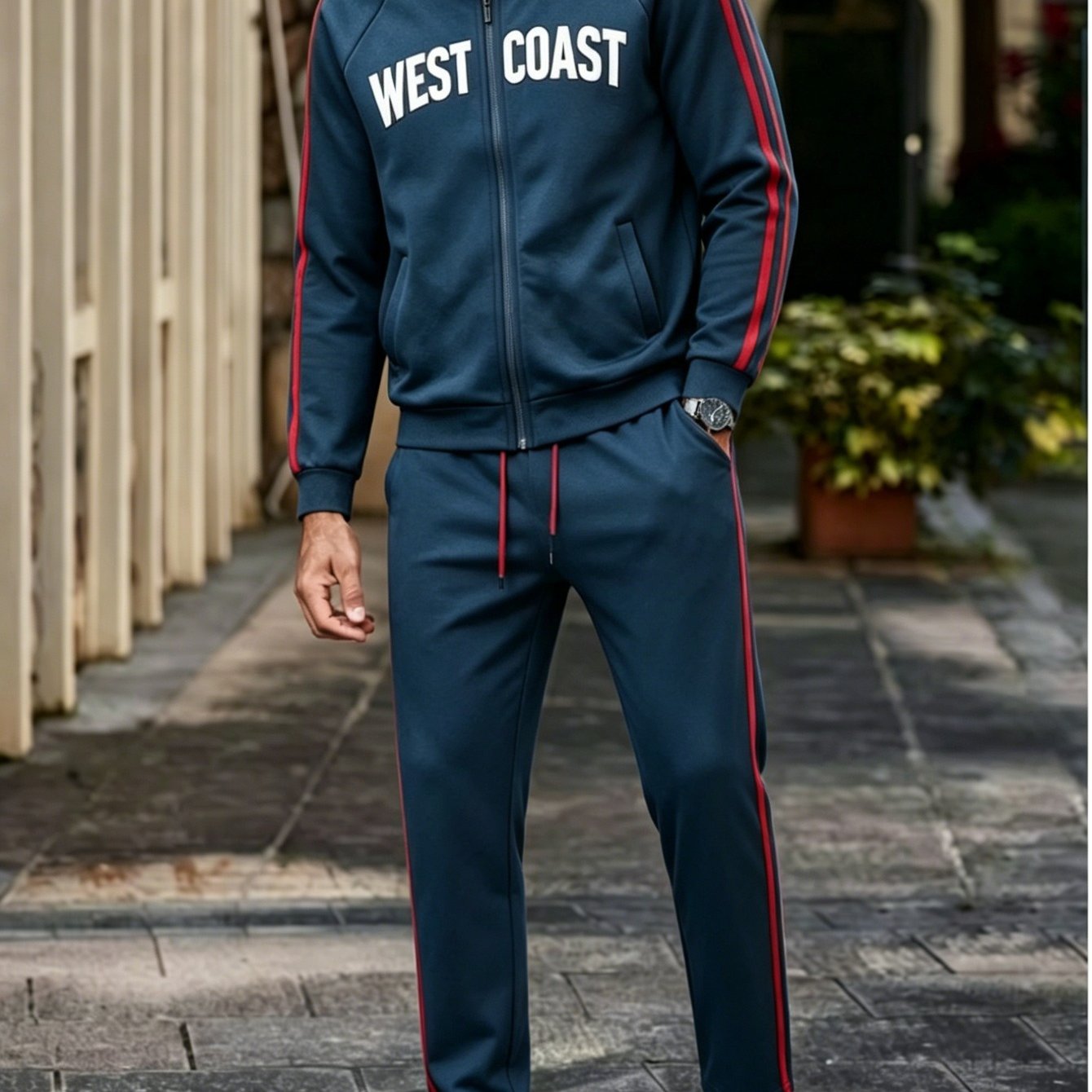Men's Navy With Stripes '' Printed Stand Collar Zip Up Jacket And Straight Leg Pants Polyester Tracksuit 2pcs Outfit