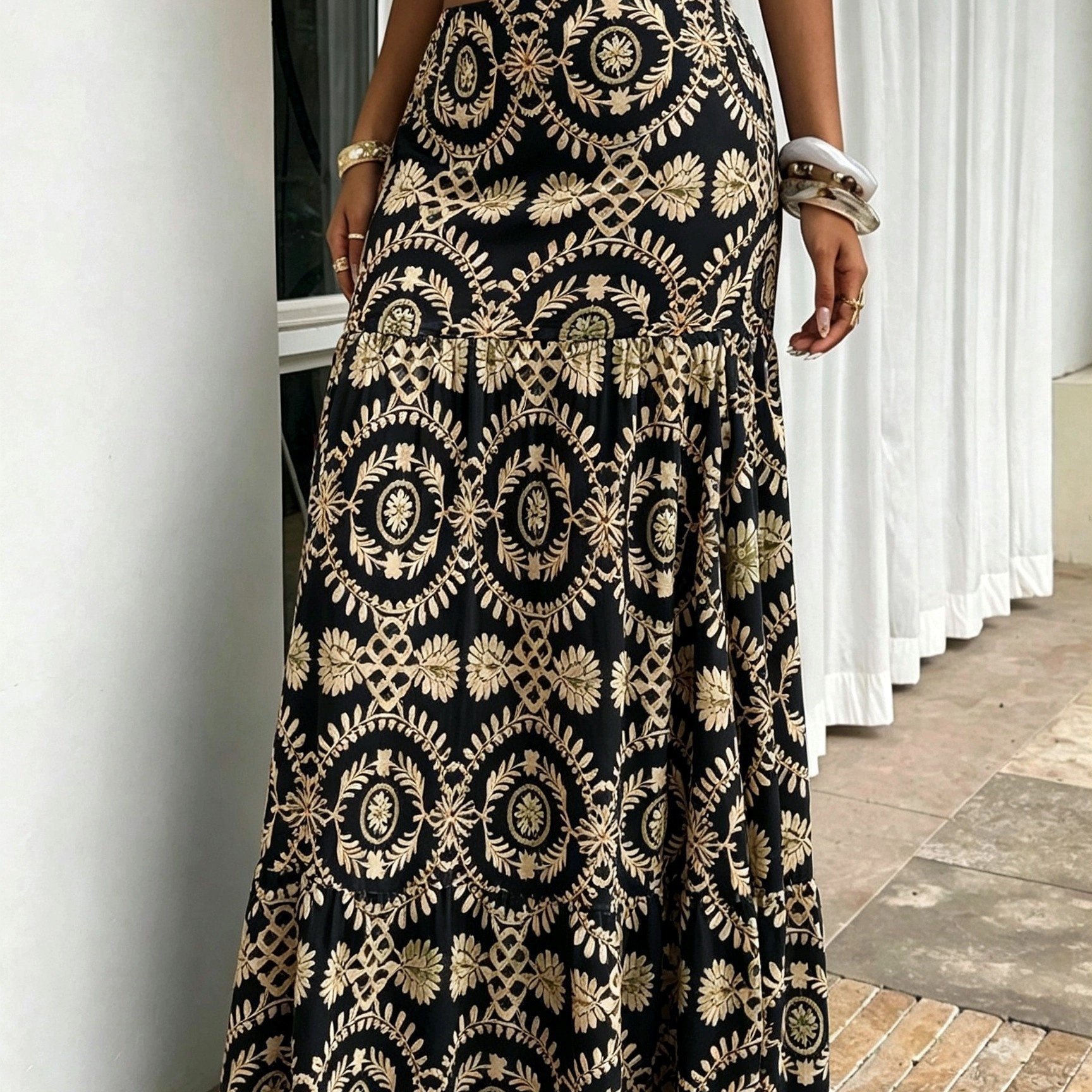 TEMU Falda Maxi Bohemia Vintage Estampada para Mujer, Vestido Largo con Volantes y Cintura Elástica de Cintura Estilo Vacacional