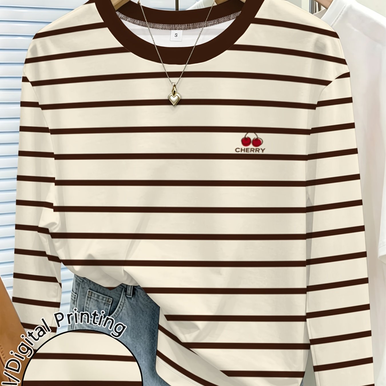 TEMU Women's Striped Printed Crew Neck Long Sleeve T Shirt Casual Summer Tops