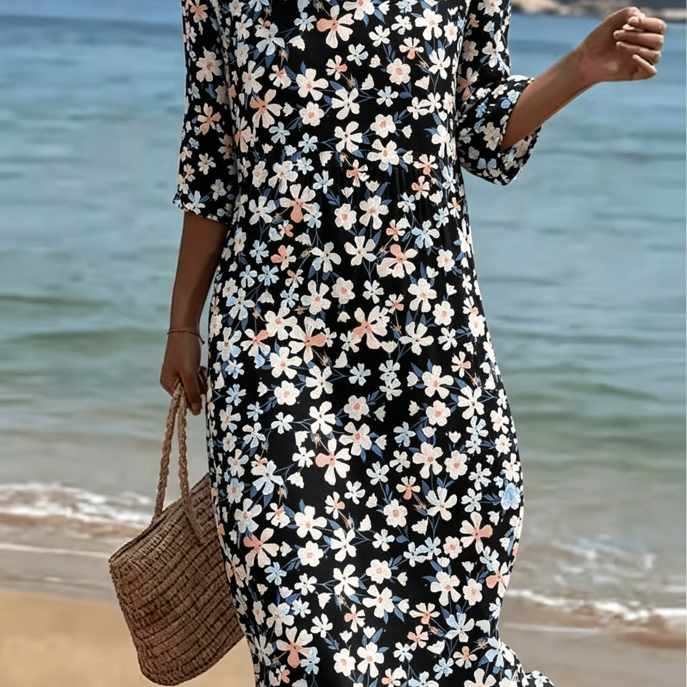 Image of Women's Black And Multicolor Floral Print Dress, Ditsy Flower Pattern 3/4 Sleeve Crew Neck Loose Midi Dress, Stylish Beach Vacation Dress