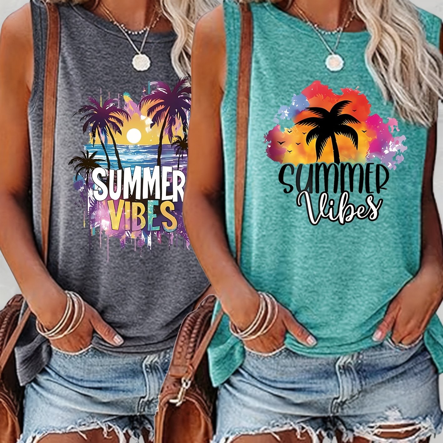 TEMU 2pcs Set Minimalist Retro Summer Coconut Tree Sunset Letter Print Round Neck Vest Top, Vintage Casual Women's Clothing In Multiple Colors S-xxl