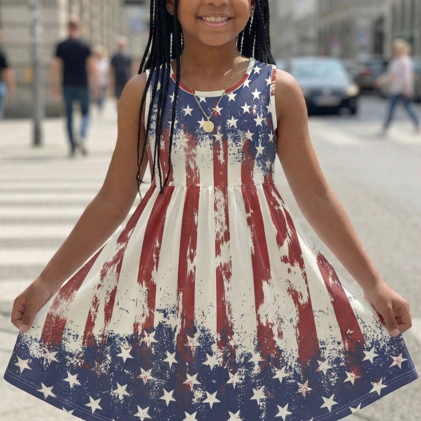 TEMU Summer Girls' Sleeveless Dress With American Flag Print, Loose And Comfortable, Suitable For Outdoor Activities And Patriotic Holidays, Soft