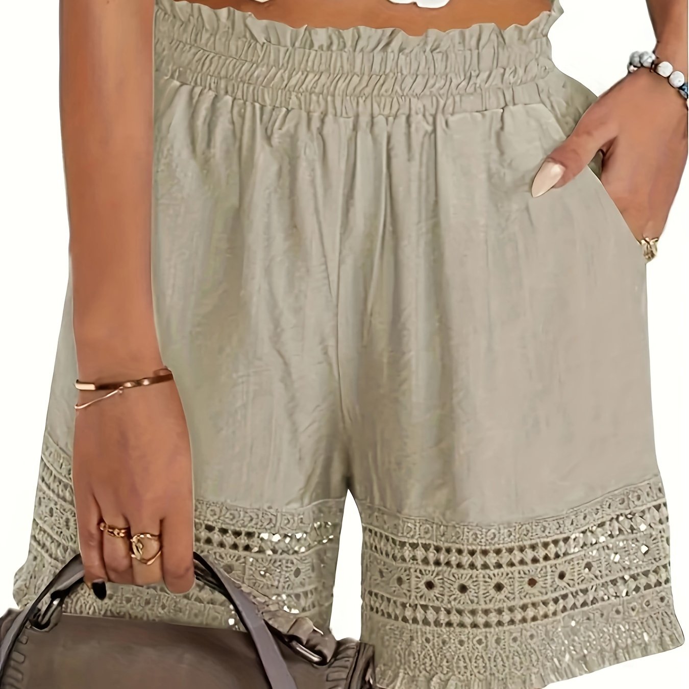 TEMU Lace Trim Slant Pocket Shorts, Casual Paper Bag Waist Shorts For Summer, Women's Clothing