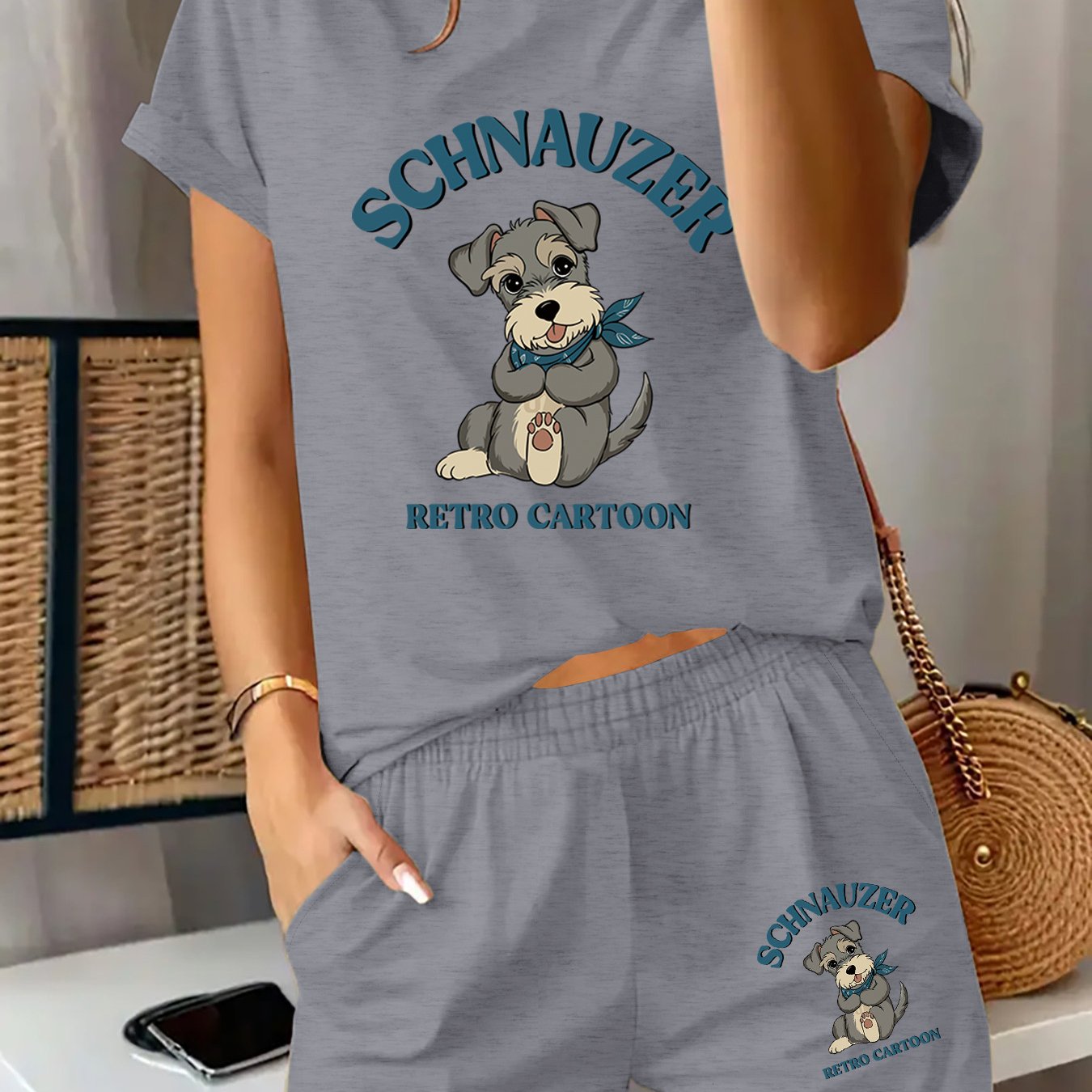 TEMU 2025 Summer New Style, Featuring A Schnauzer Puppy And The Text 'schnauzer Retro Cartoon', A Casual Printed Short-sleeve Top With Elastic Waist