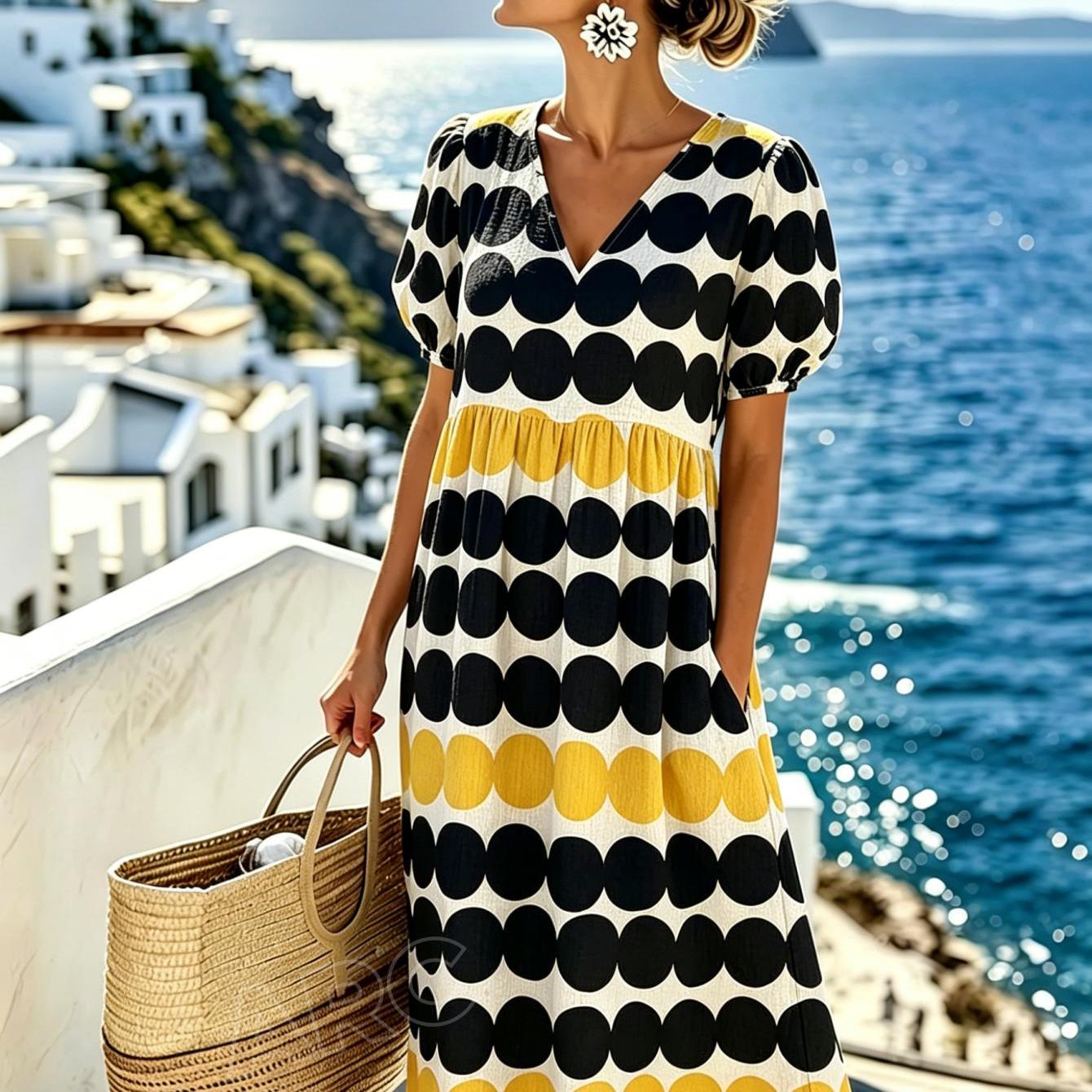 Image of Women's Summer Dress, Black And Yellow Polka Dot Pattern, V-neck Casual Dress Suitable For Vacation And , Elegant Style, Machine Washable Fabric, 2d Flat Printing