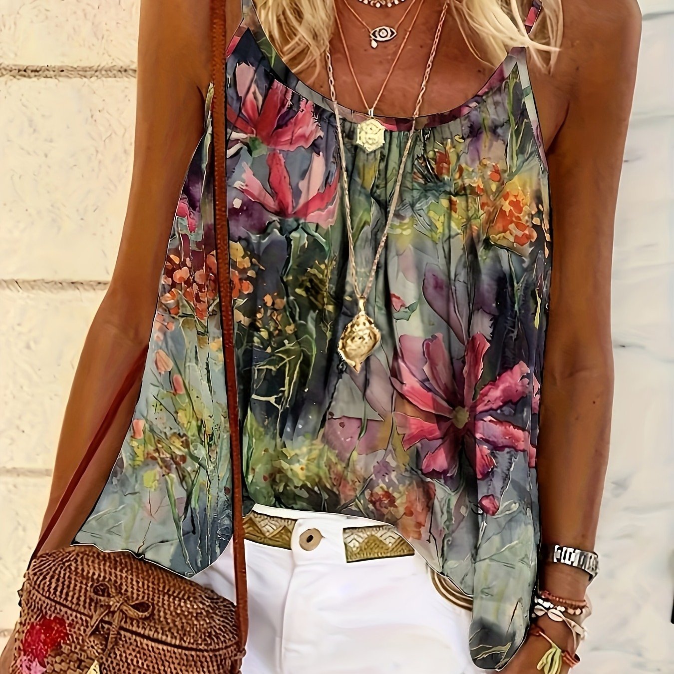 Image of New Women's Printed Sleeveless Vest - Casual Full Print Design, Thin Shoulder Straps, Machine Washable, Versatile Lightweight Fabric For , Women's Top, Summer Fashionable Women's Clothing