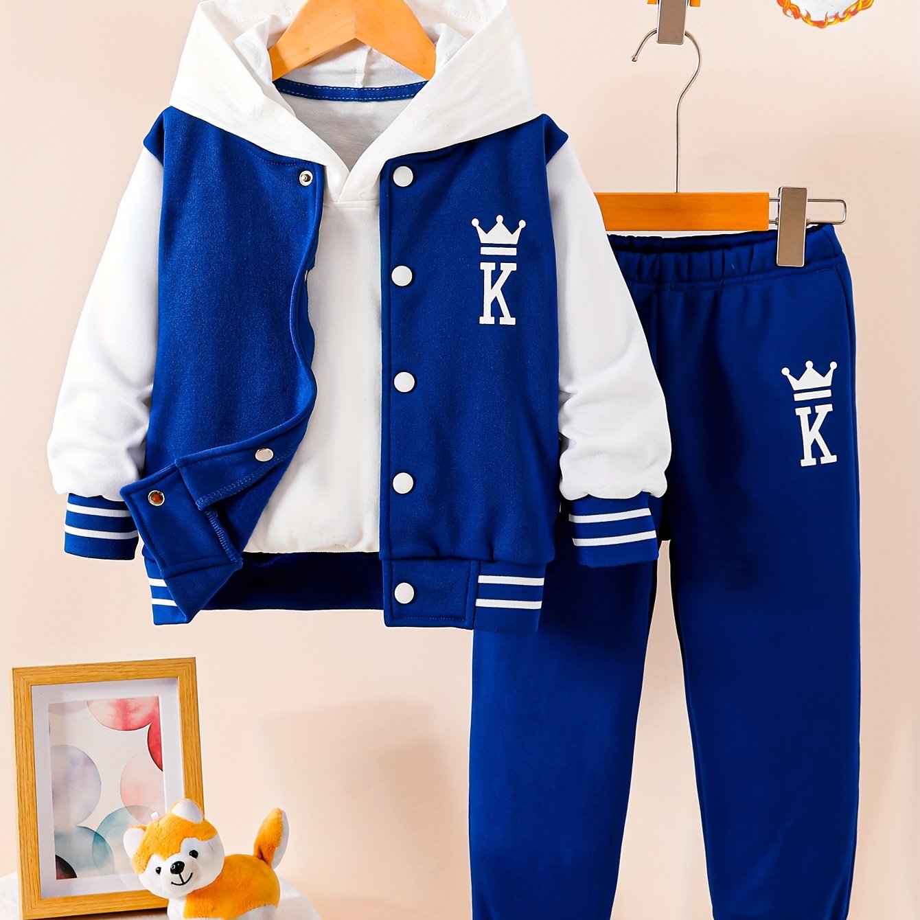Image of Boys' Autumn/winter -lined Thickened Fashionable Classic Baseball Jacket With Button Closure, "k Crown" Pattern Print, Casual Warm Versatile Long Pants Set, Perfect For Outdoor,back To School