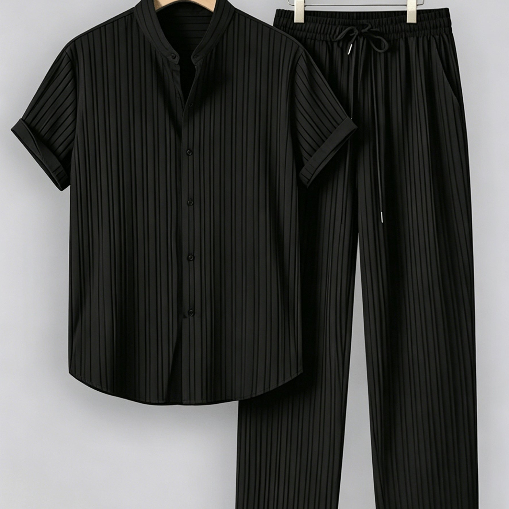 TEMU Men's 2pcs Striped Shirt And Trousers Set, Regular Fit, Casual And Comfortable, Striped Short-sleeve Shirt, Button- Lapel Shirt, Suitable For