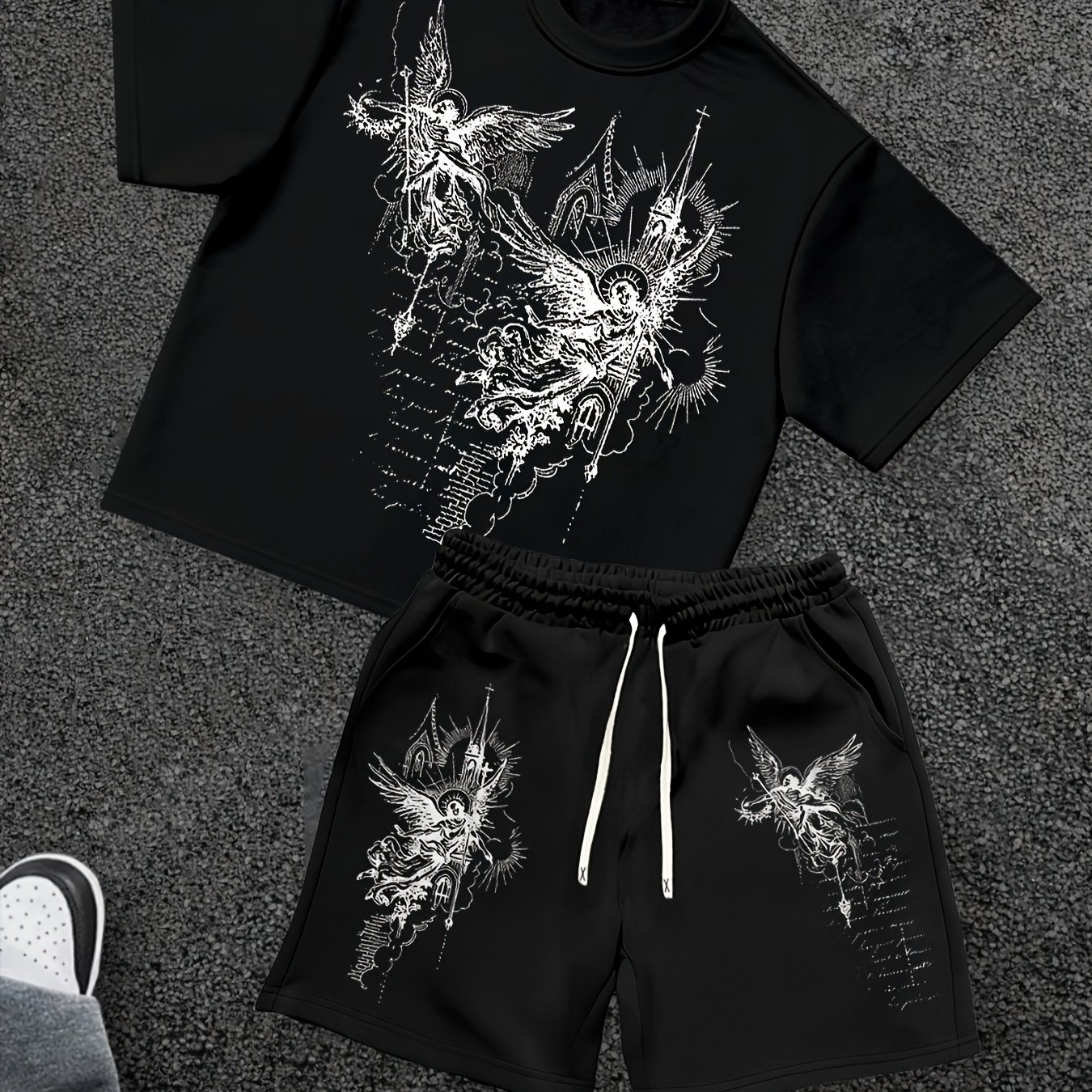 TEMU 2pcs Men's Casual Short Sleeve T-shirt And Drawstring Shorts Set, Trendy Print Design, Comfortable And Breathable Fabric, Suitable For Outdoor