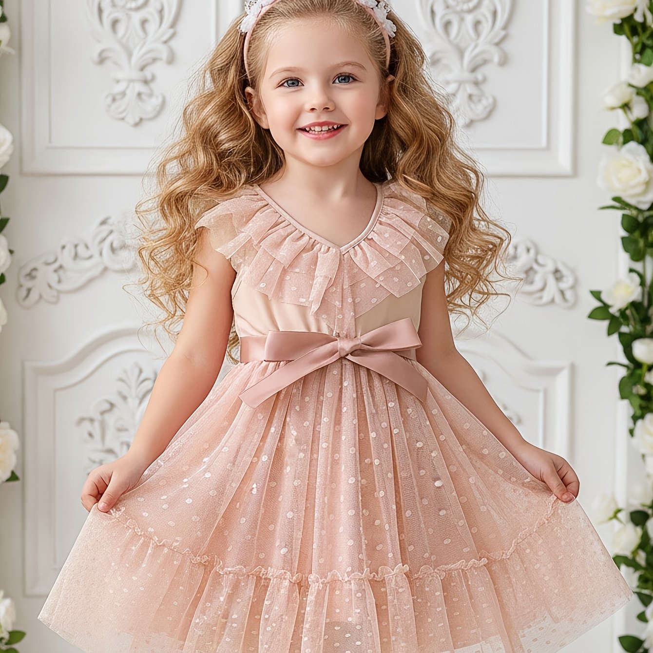 Image of Girls' Summer New Arrival Sleeveless Lace V-neck Polka Dot Mesh Tie Dress