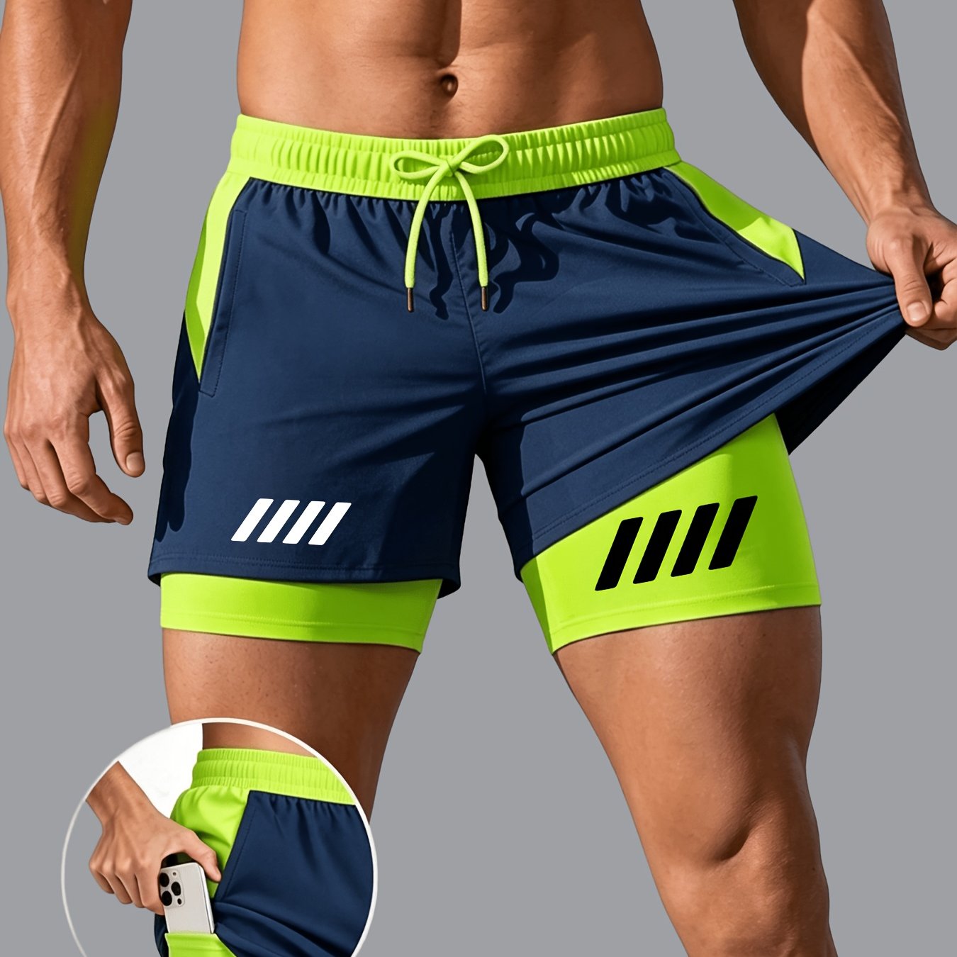 TEMU Men's Athletic Double-layer Shorts, Breathable Quick- Shorts - Drawstring Waistband With Pockets, Lightweight And Comfortable, Suitable For