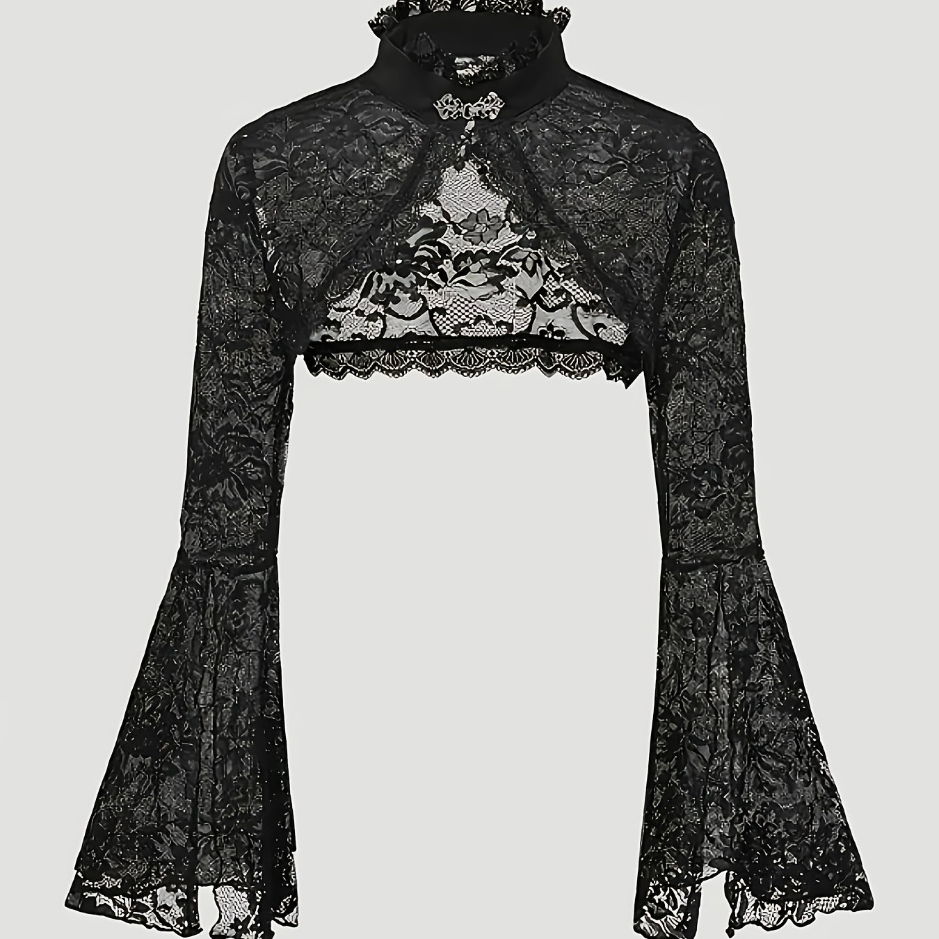 TEMU Retro-inspired Women's Shirt With Lace Bell Sleeves, Stand Collar, And Cropped Silhouette