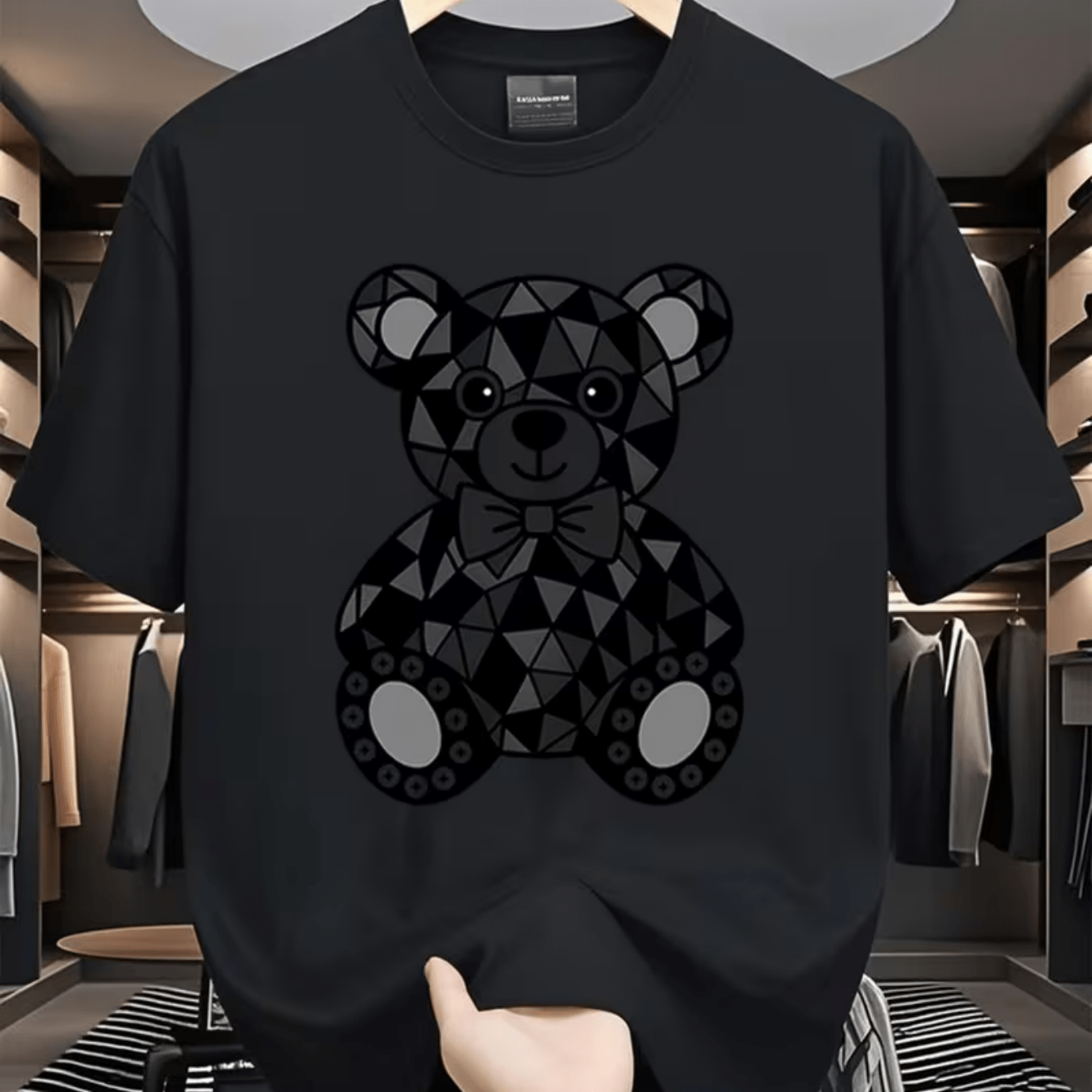 TEMU Geometric Bow Bear , Black Bear With Futuristic And , Print T-shirt, Knit Breathable Outdoor Casual Wear