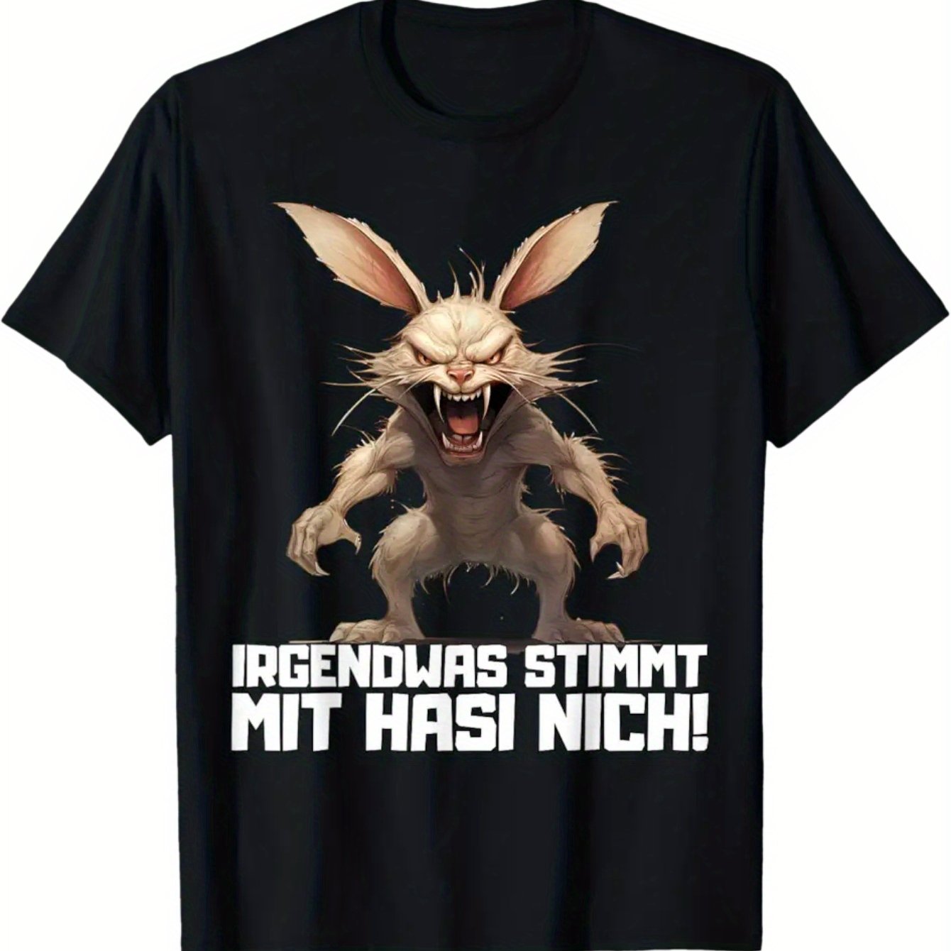 E-shop Lustiger deutscher Spruch _Irgendwas stimmt mit Hasi nicht_ Sarkastisches Hasen-Grafik-T-Shirt - Schwarzes, lässiges Kurzarm-T-Shirt mit